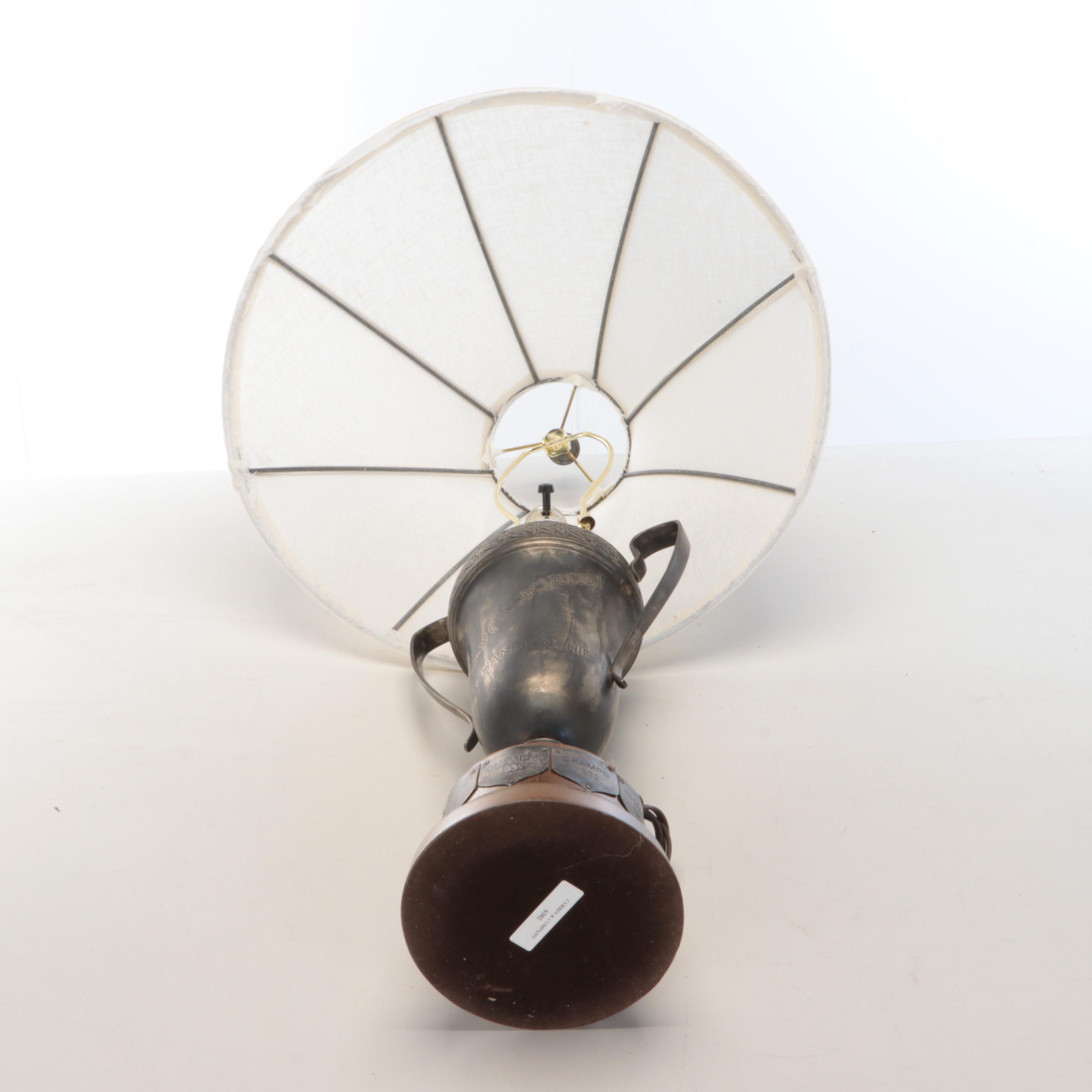 Currey & Co. Aesthetic Style Silver Plate Trophy Table Lamp & Linen Shade