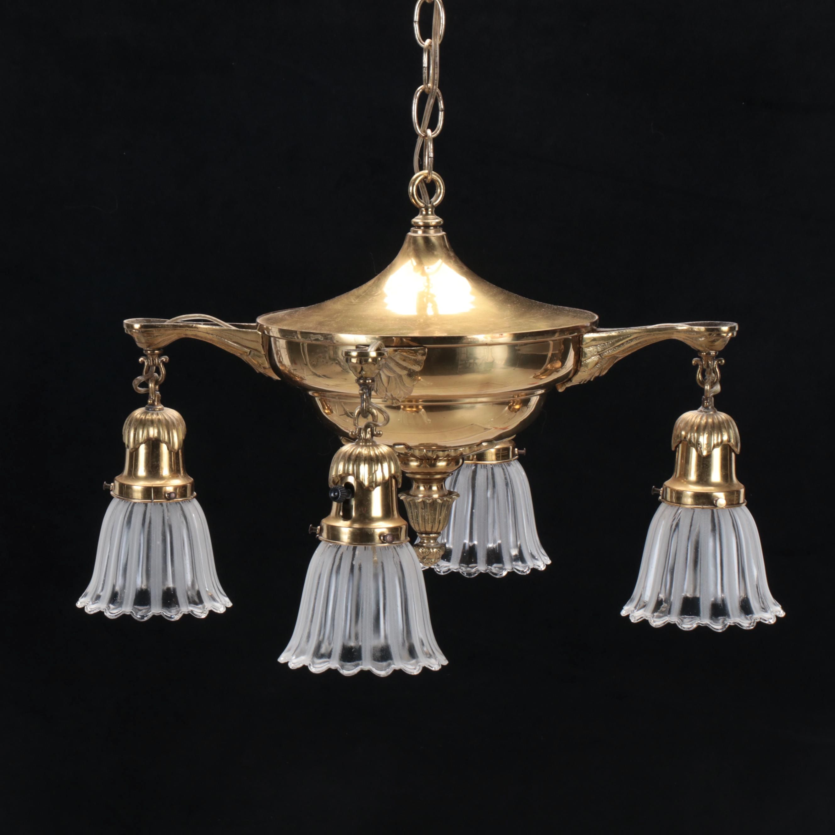 Lacquered Brass Pan Four Arm Pendant Light, Early 20th Century and Updated
