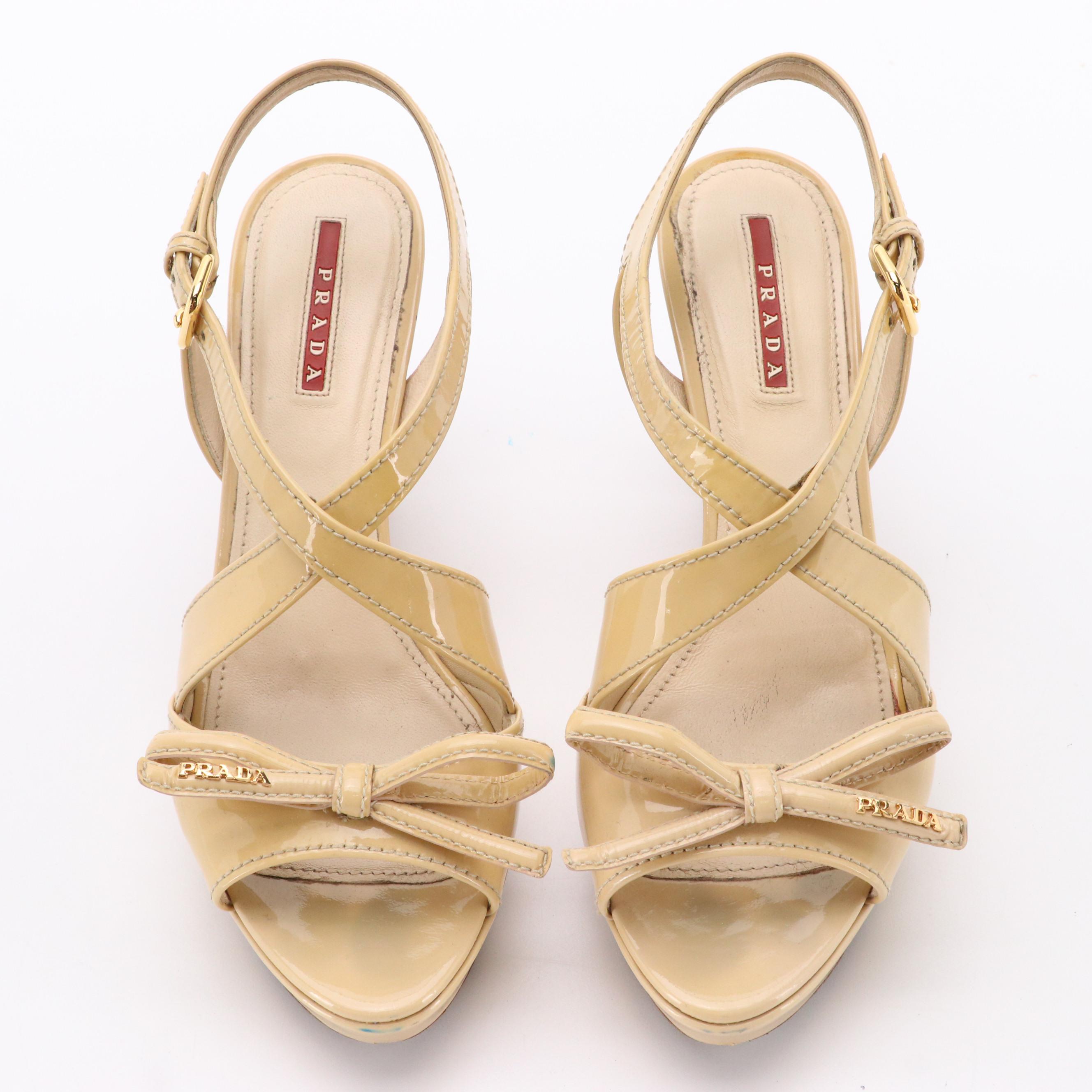 Prada Beige Patent Leather High-Heeled Slingback Sandals with Bow Accents in Box