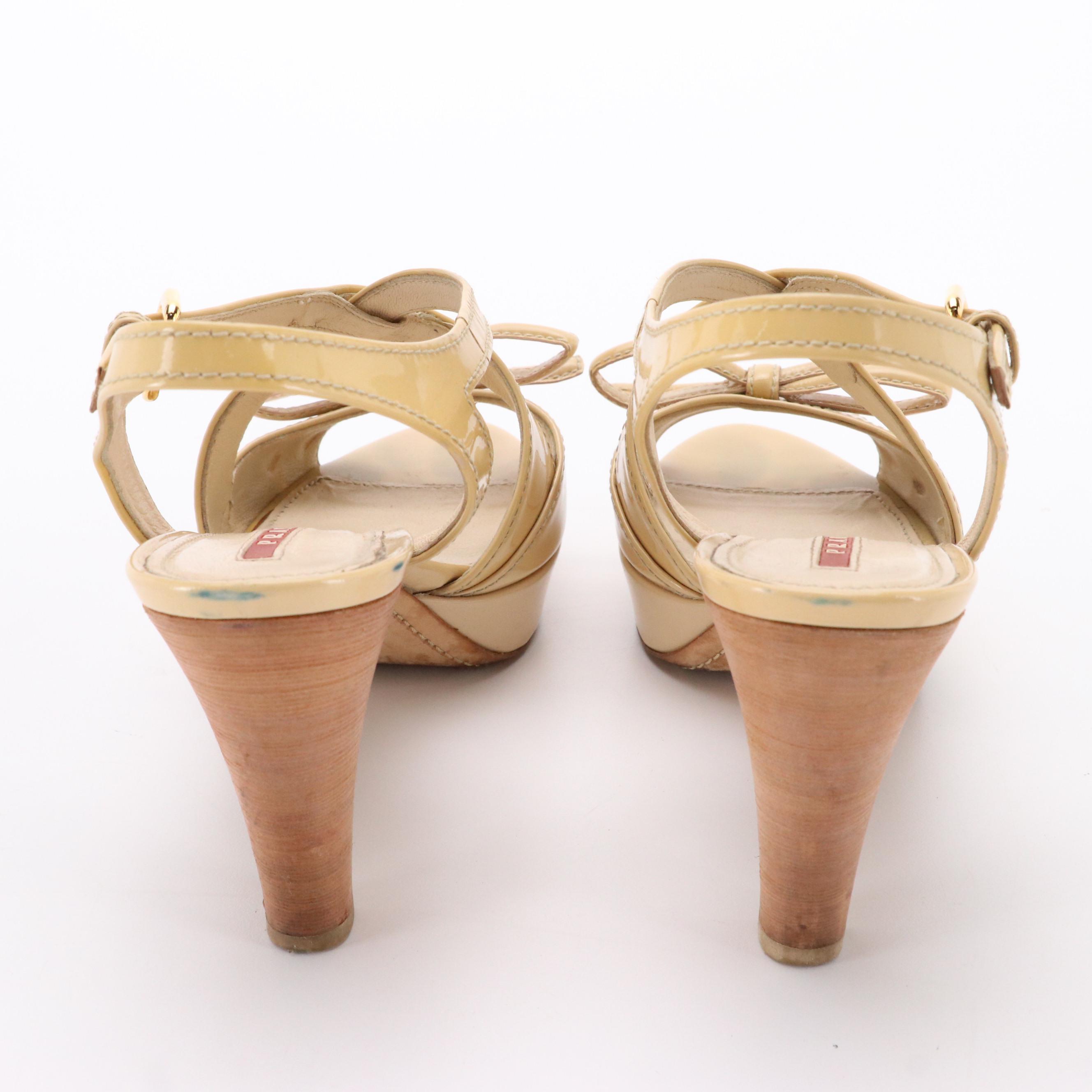 Prada Beige Patent Leather High-Heeled Slingback Sandals with Bow Accents in Box