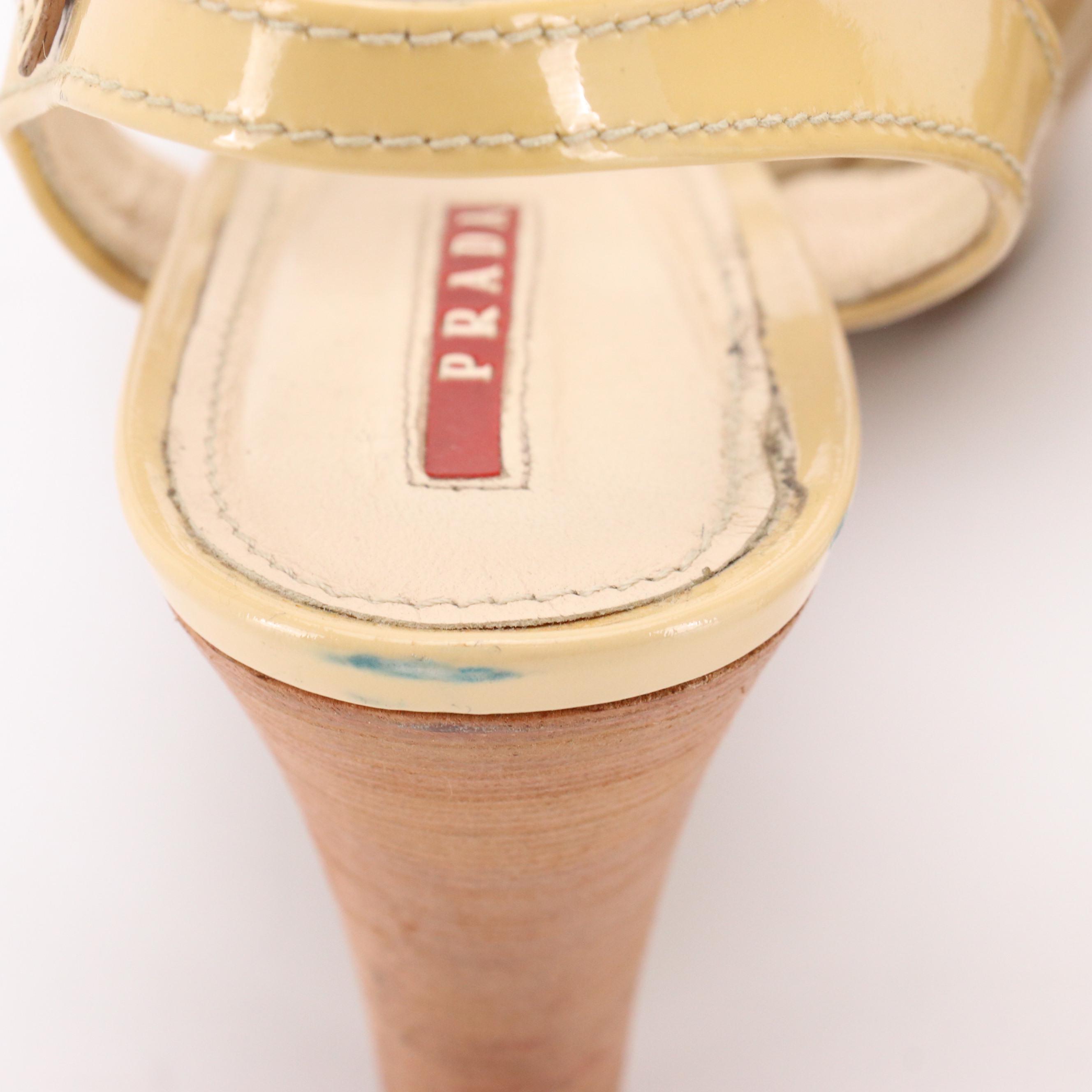 Prada Beige Patent Leather High-Heeled Slingback Sandals with Bow Accents in Box