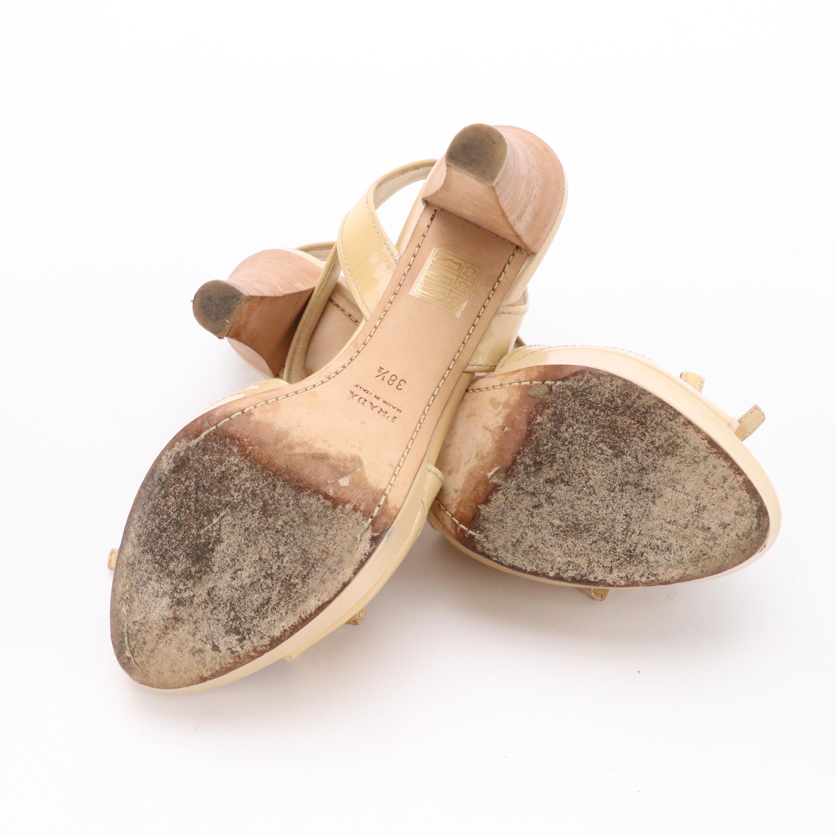 Prada Beige Patent Leather High-Heeled Slingback Sandals with Bow Accents in Box