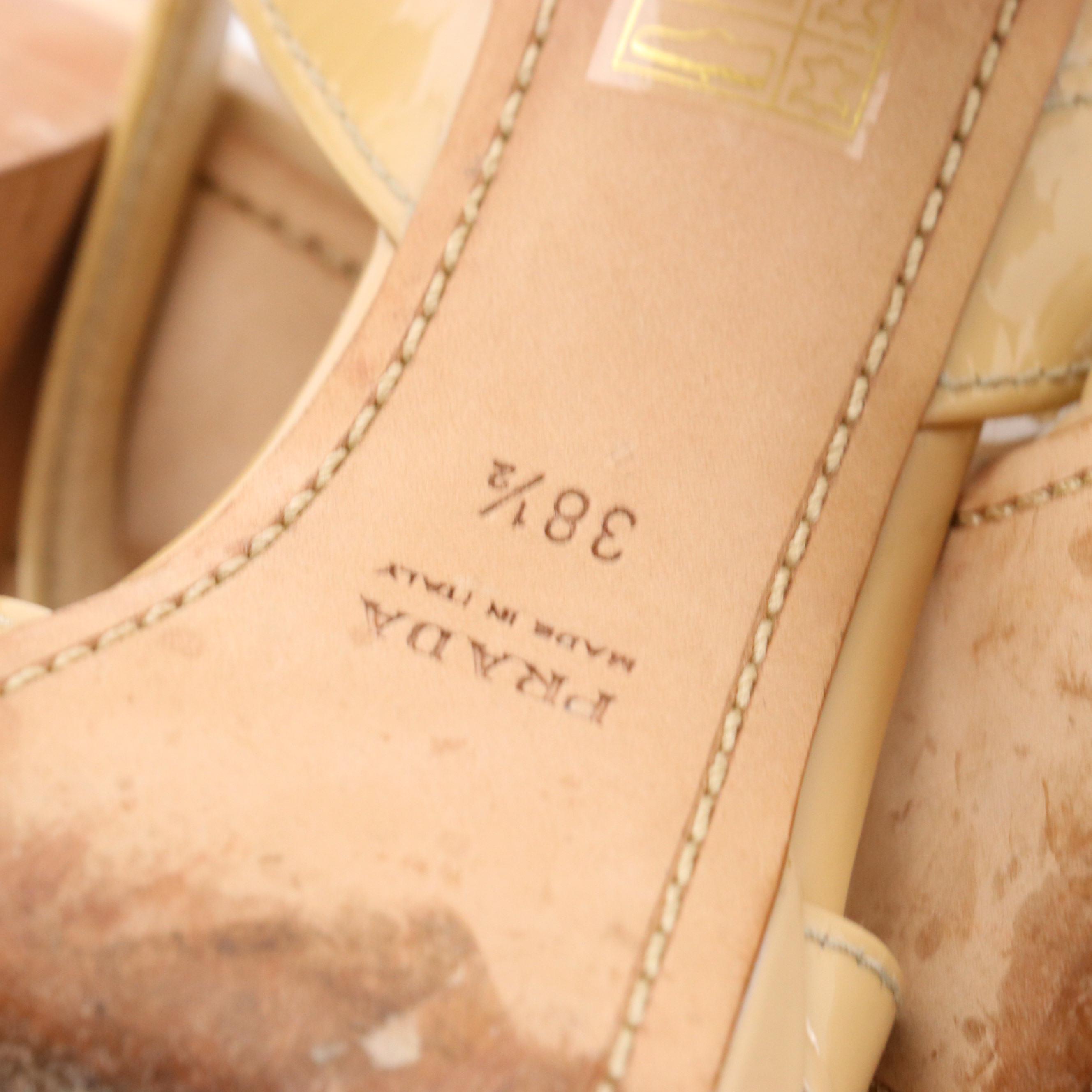 Prada Beige Patent Leather High-Heeled Slingback Sandals with Bow Accents in Box