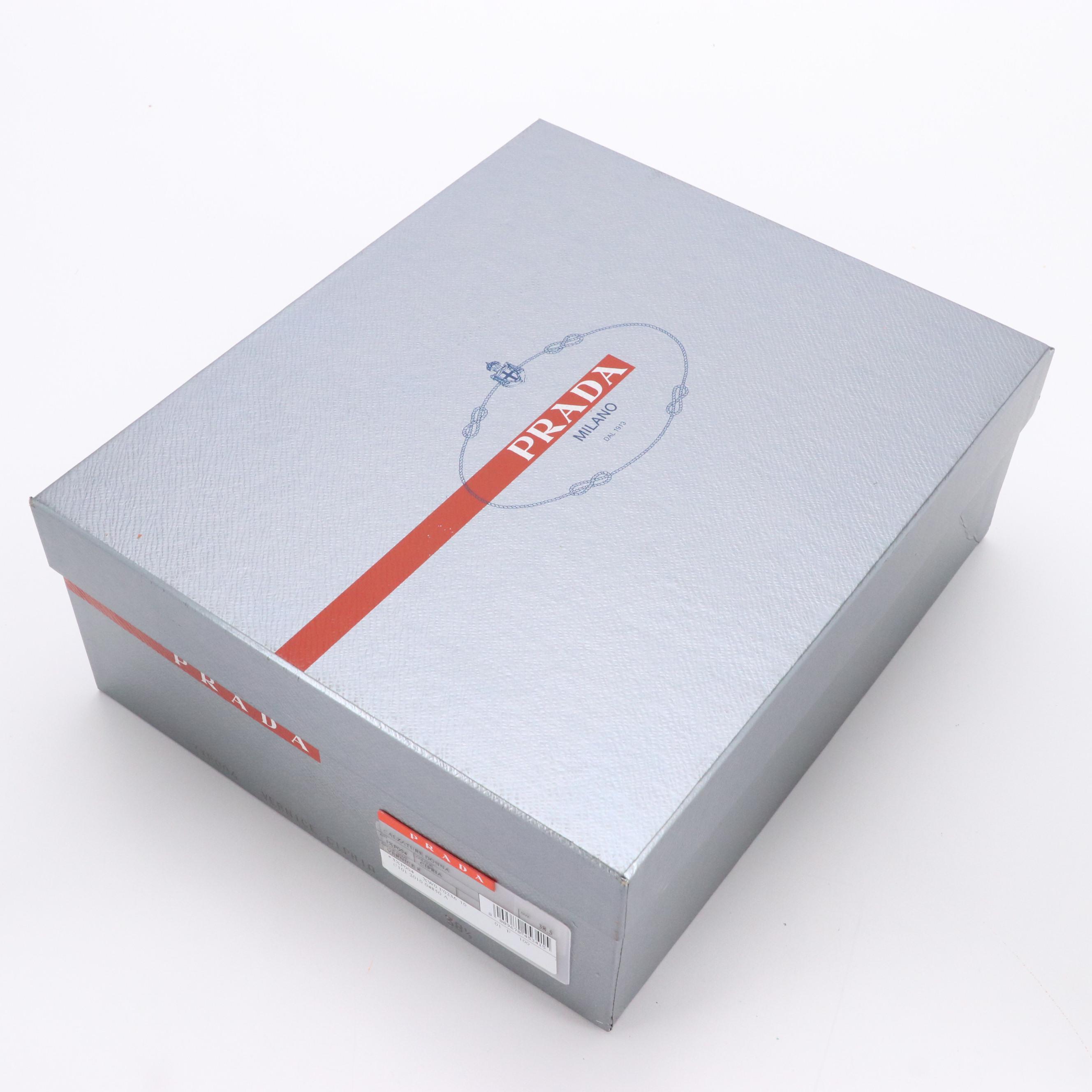 Prada Beige Patent Leather High-Heeled Slingback Sandals with Bow Accents in Box