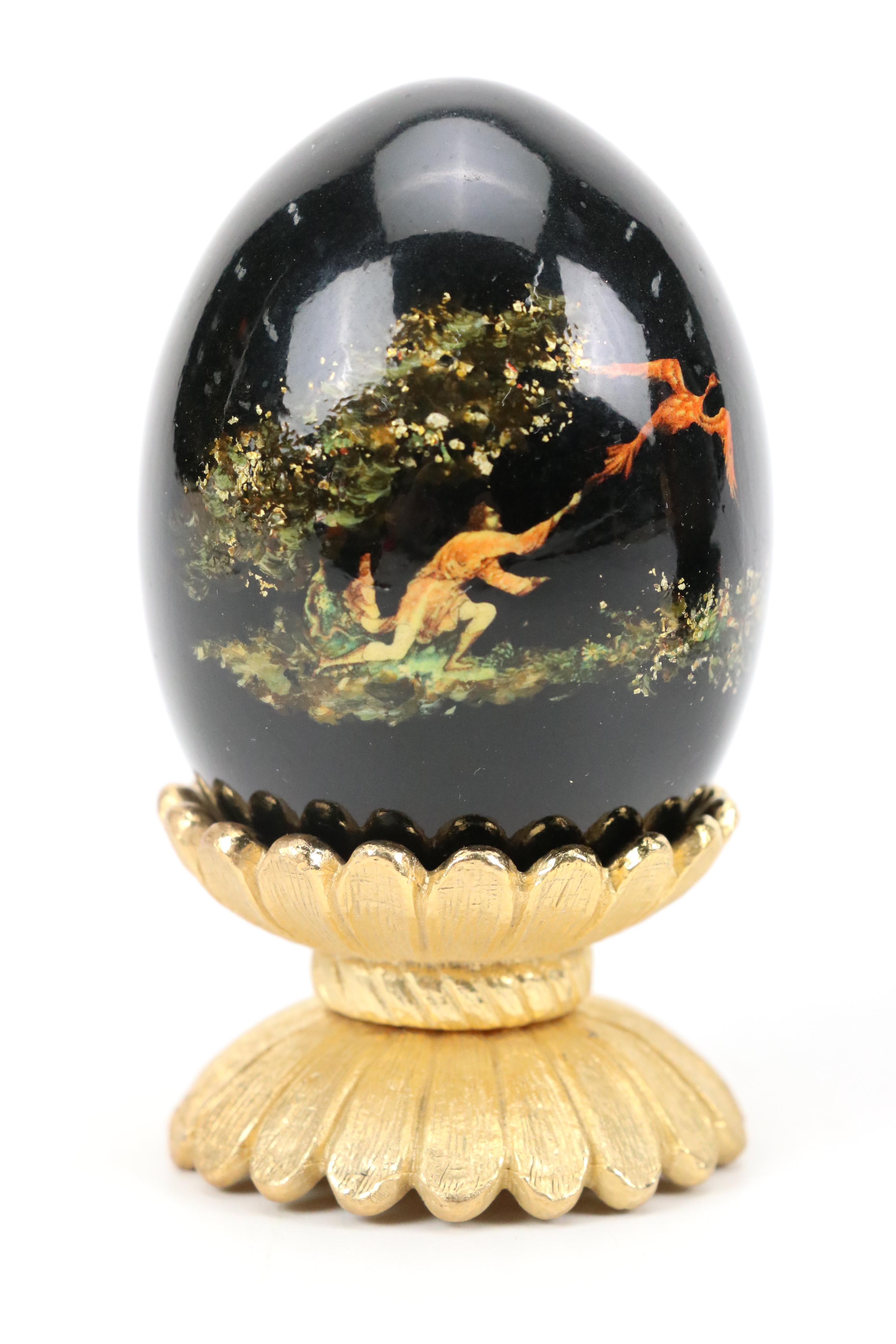 Russian Kholuy Lacquerware Box and Other Russian Lacquerware Eggs on Stands