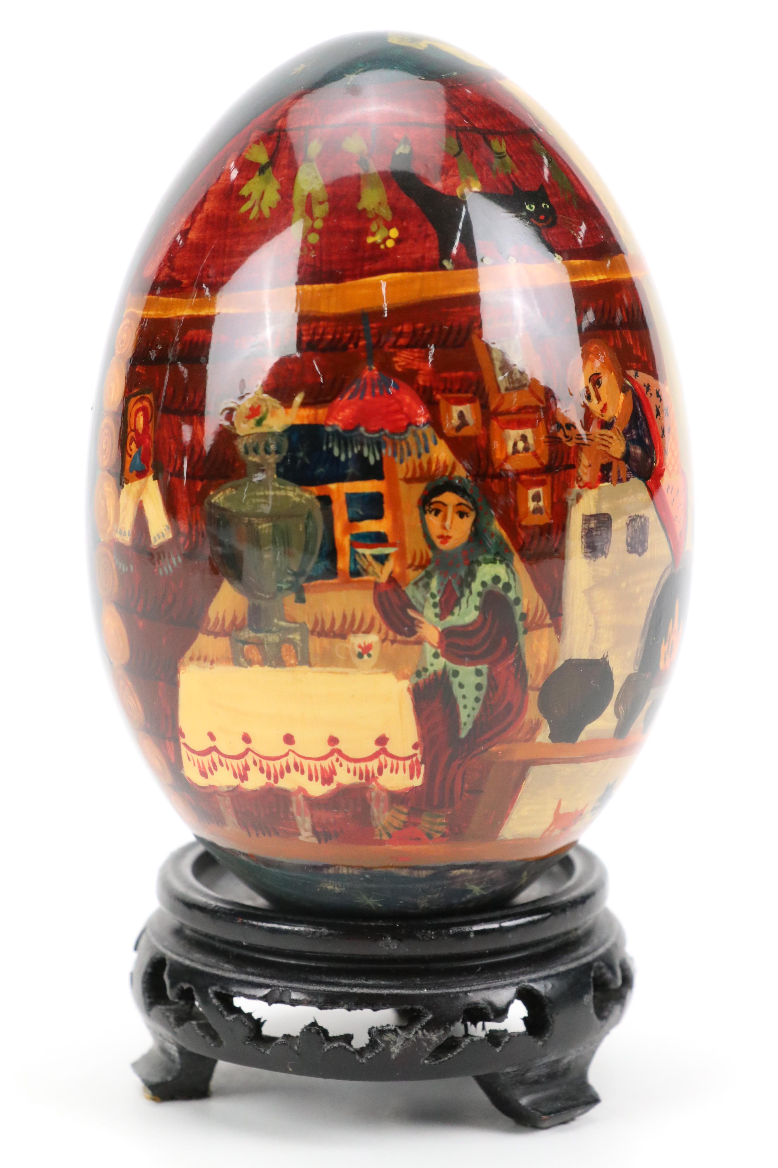 Russian Kholuy Lacquerware Box and Other Russian Lacquerware Eggs on Stands