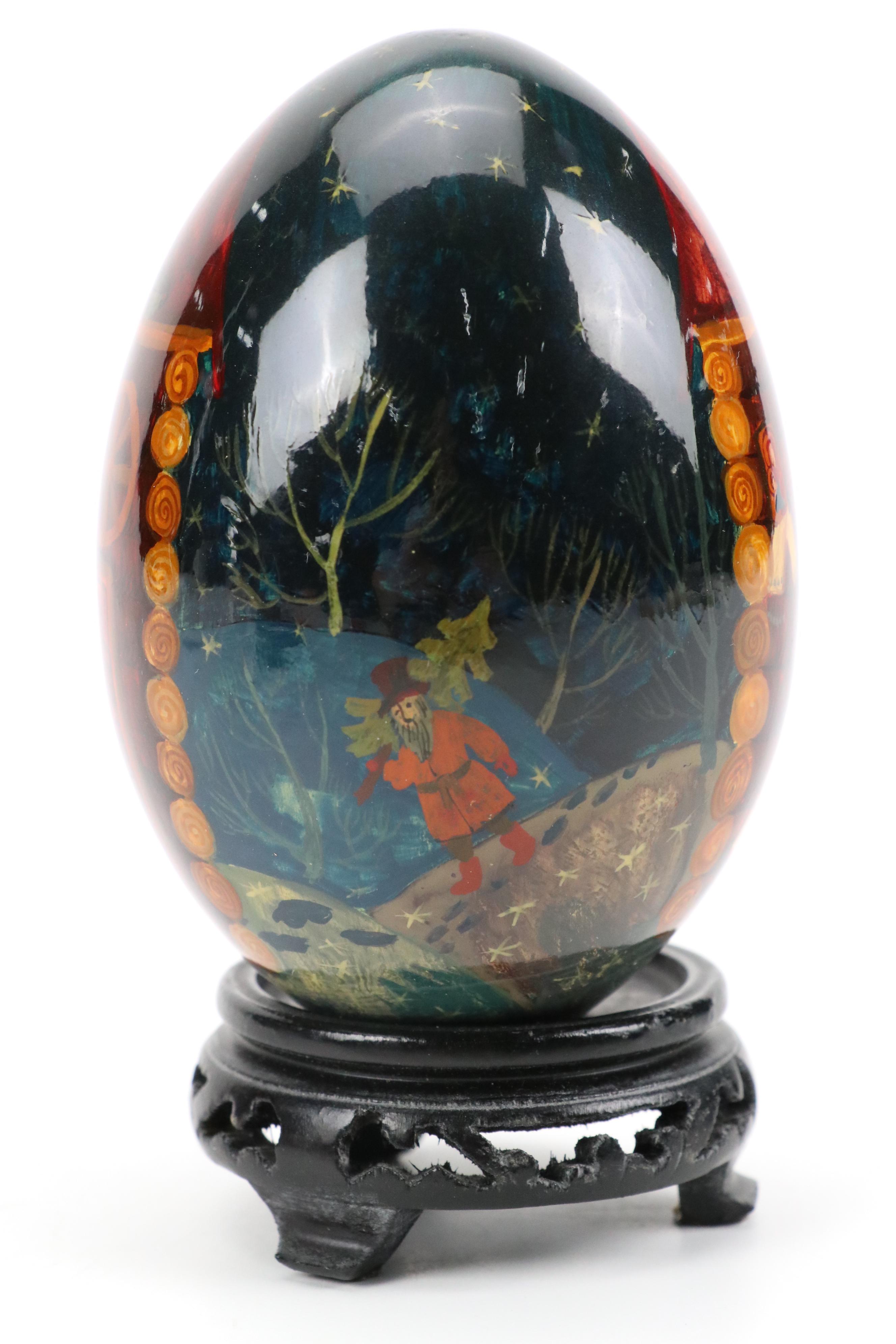 Russian Kholuy Lacquerware Box and Other Russian Lacquerware Eggs on Stands