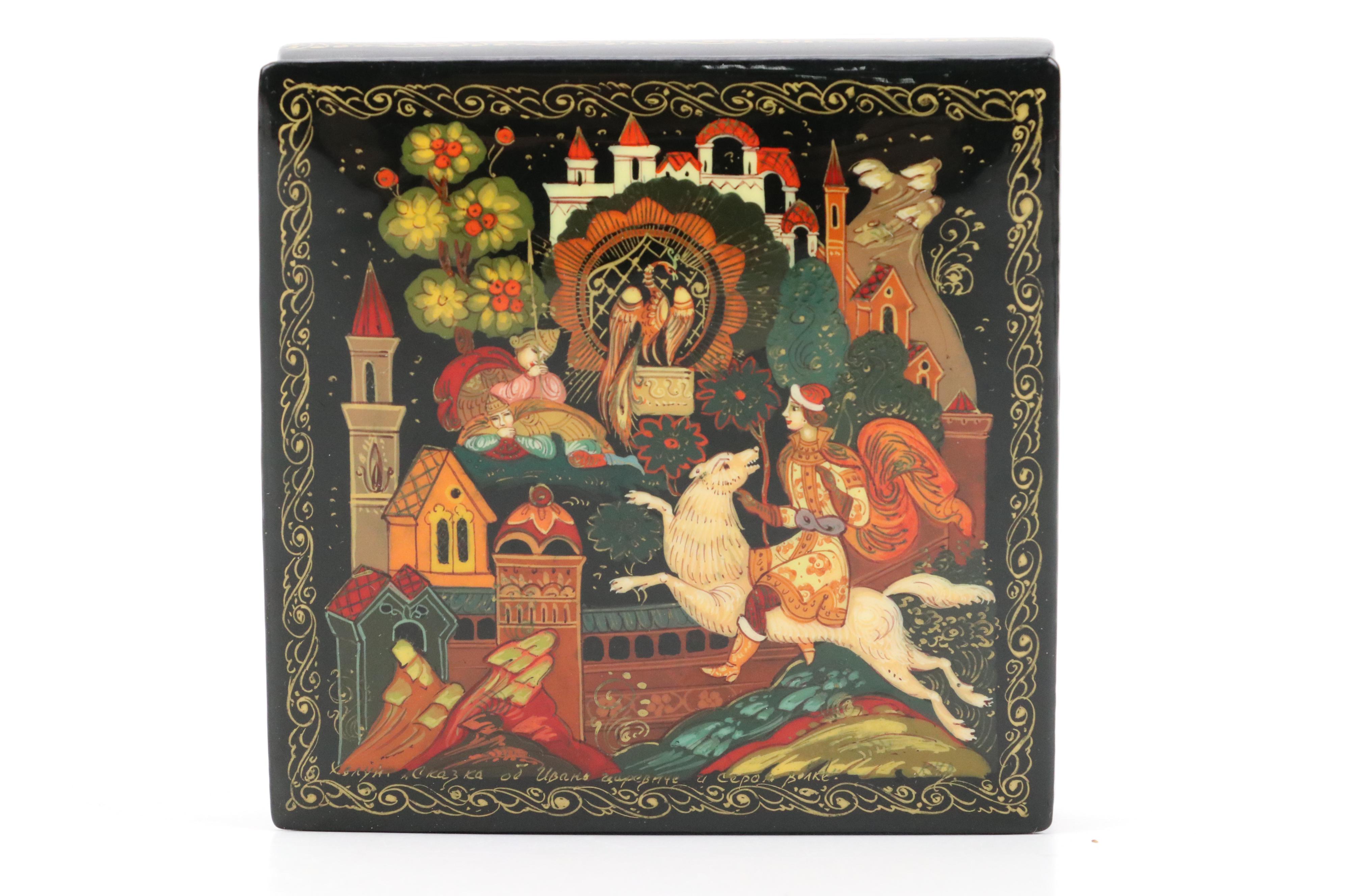 Russian Kholuy Lacquerware Box and Other Russian Lacquerware Eggs on Stands