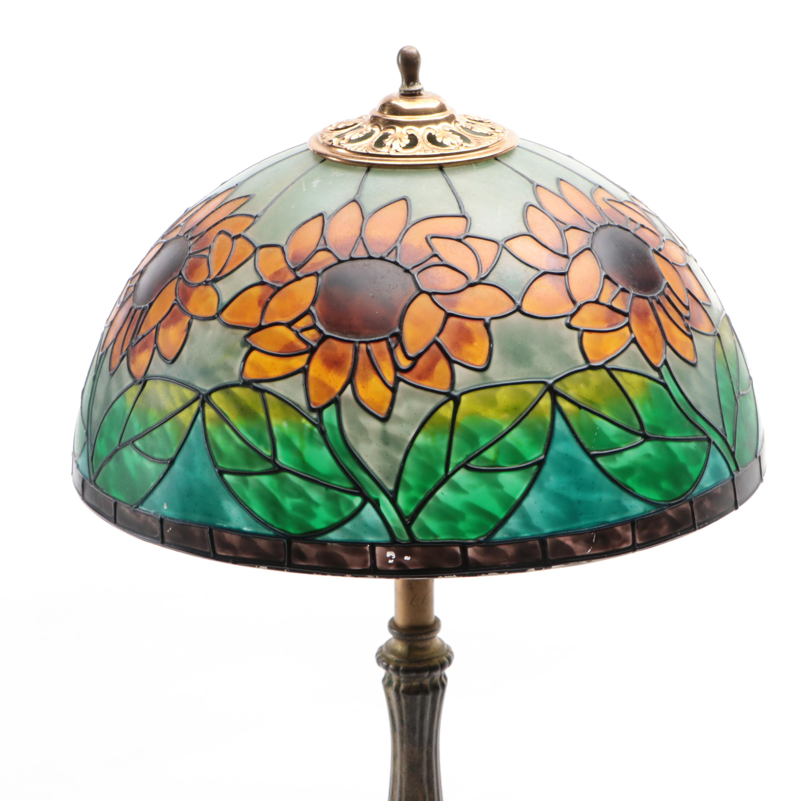 Hand-Painted Faux Stained Glass Shade with Gilt Metal Lamp Base