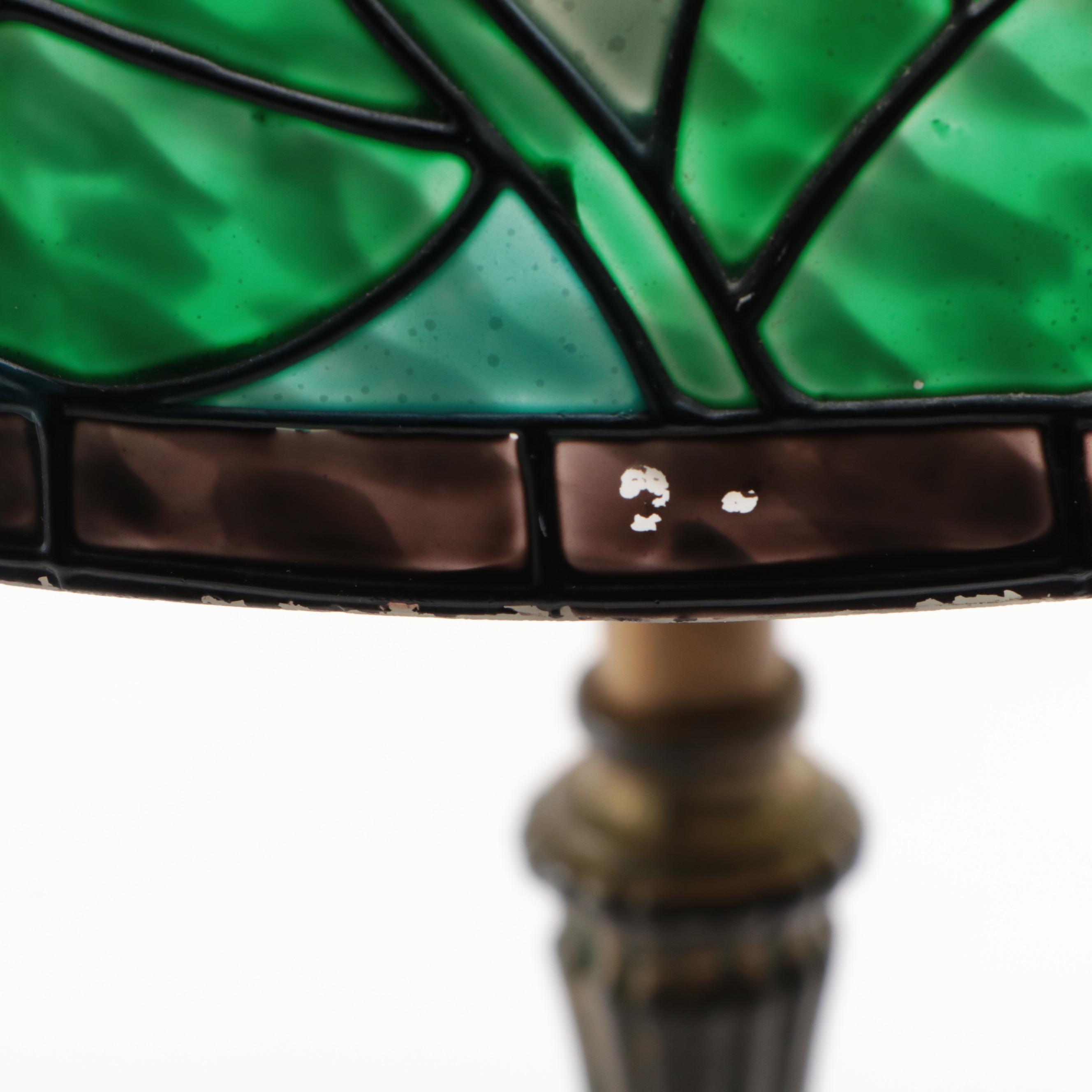 Hand-Painted Faux Stained Glass Shade with Gilt Metal Lamp Base