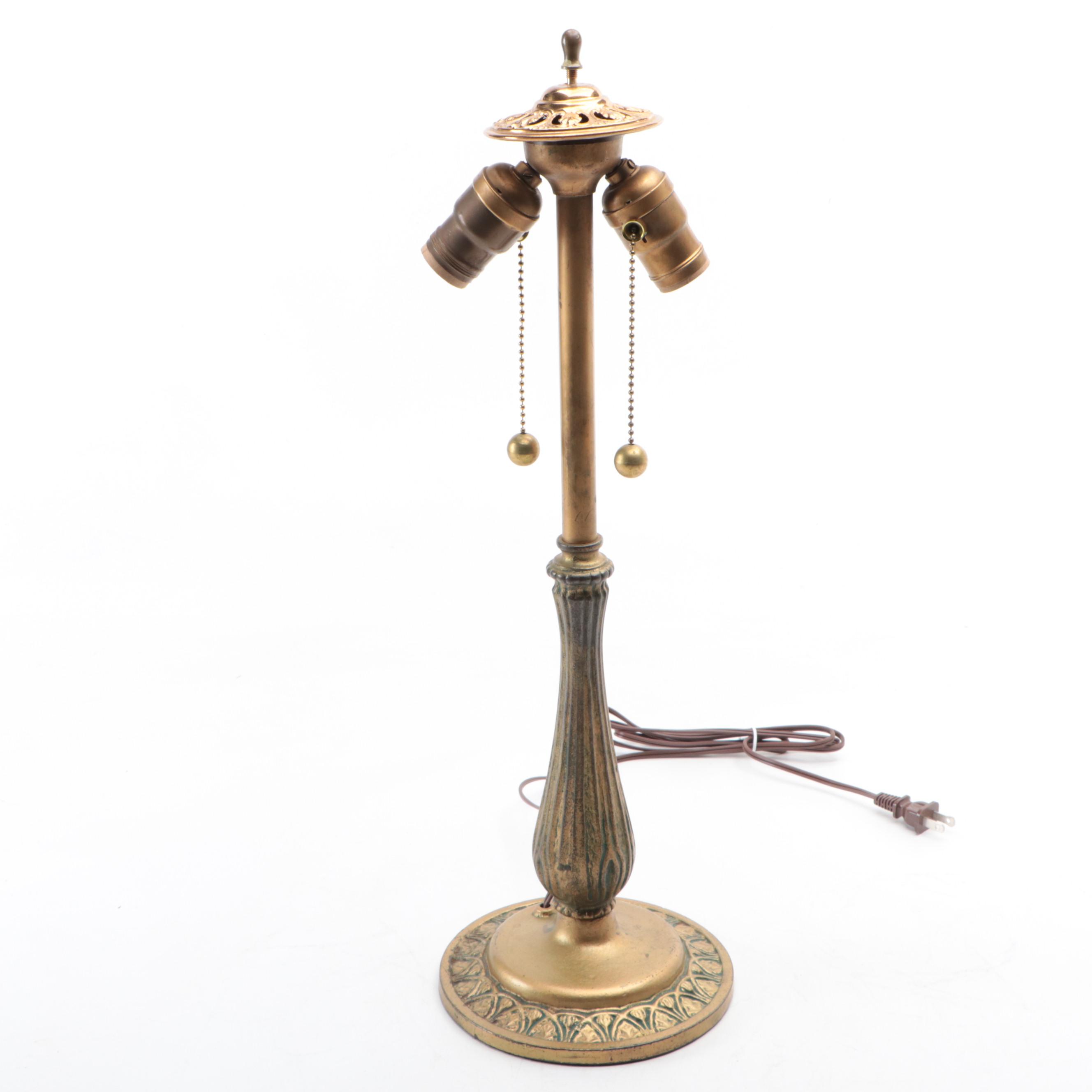 Hand-Painted Faux Stained Glass Shade with Gilt Metal Lamp Base