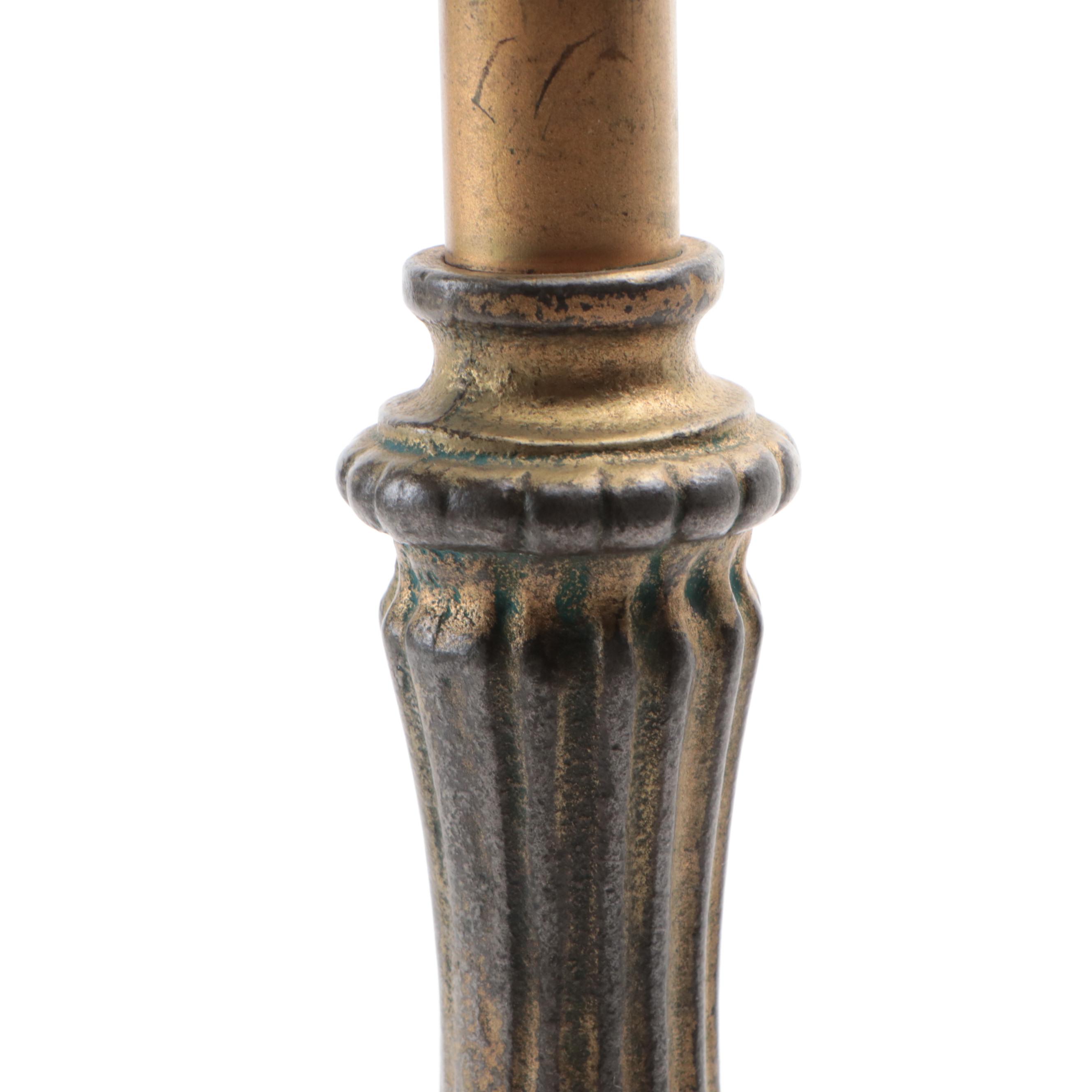 Hand-Painted Faux Stained Glass Shade with Gilt Metal Lamp Base