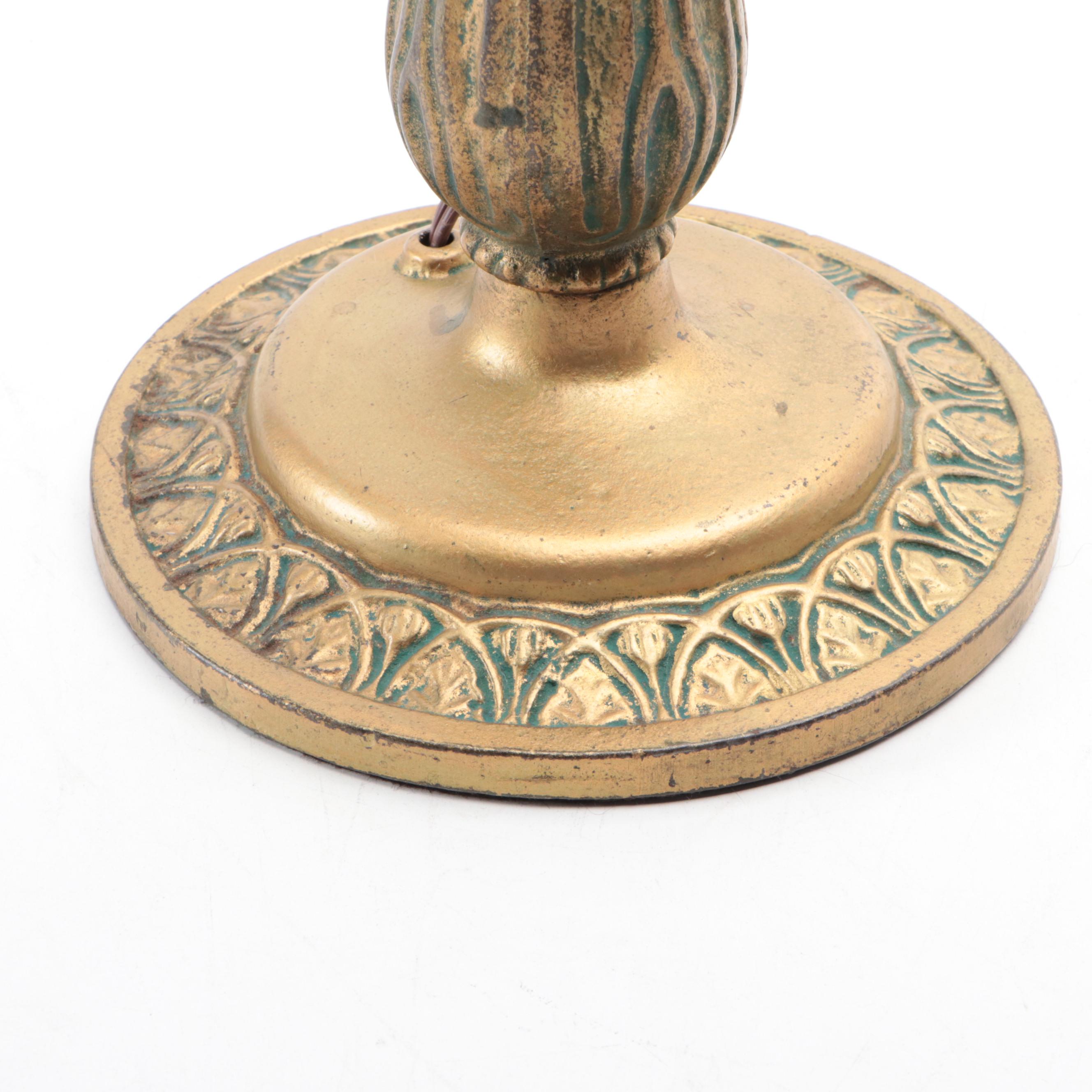 Hand-Painted Faux Stained Glass Shade with Gilt Metal Lamp Base