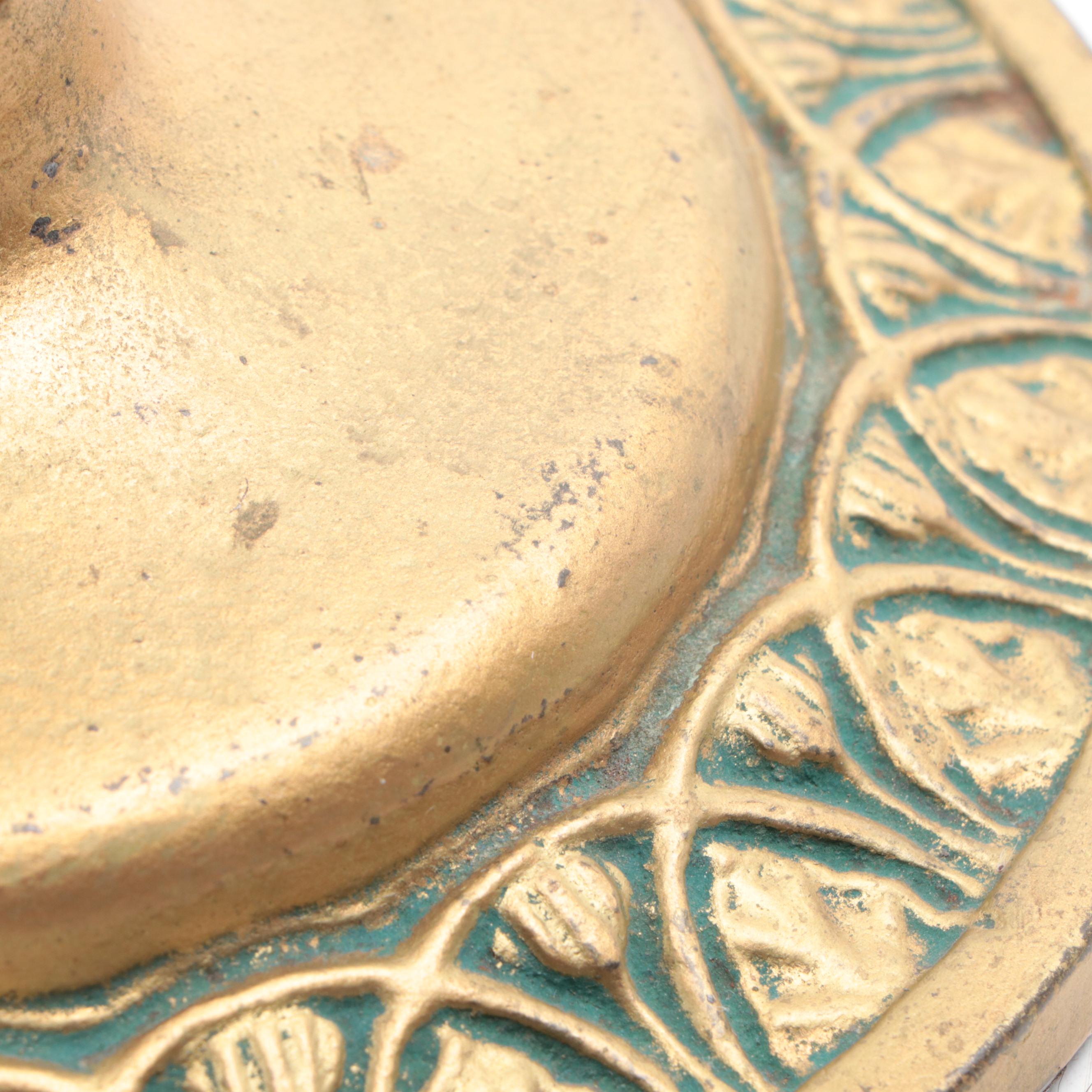 Hand-Painted Faux Stained Glass Shade with Gilt Metal Lamp Base