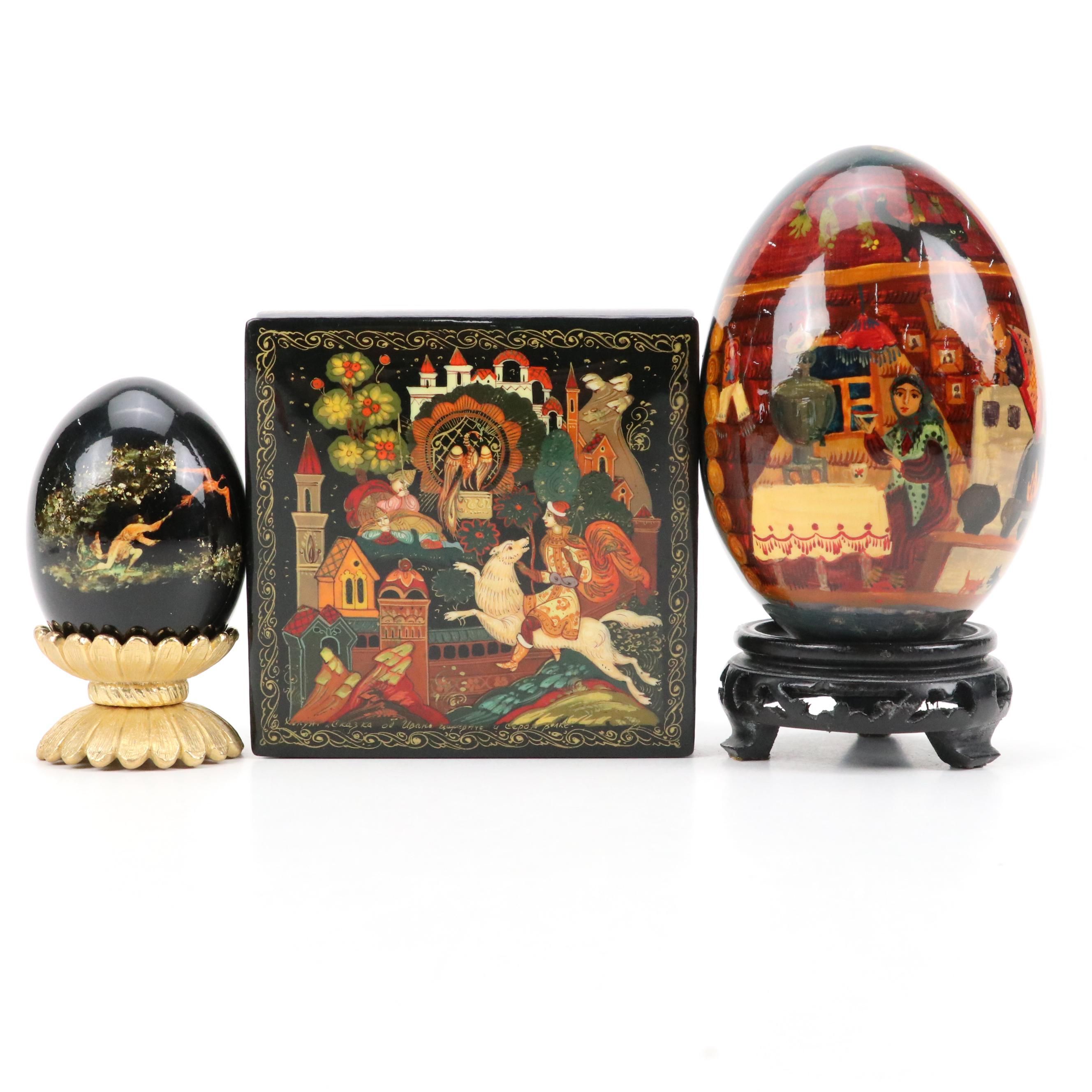 Russian Kholuy Lacquerware Box and Other Russian Lacquerware Eggs on Stands