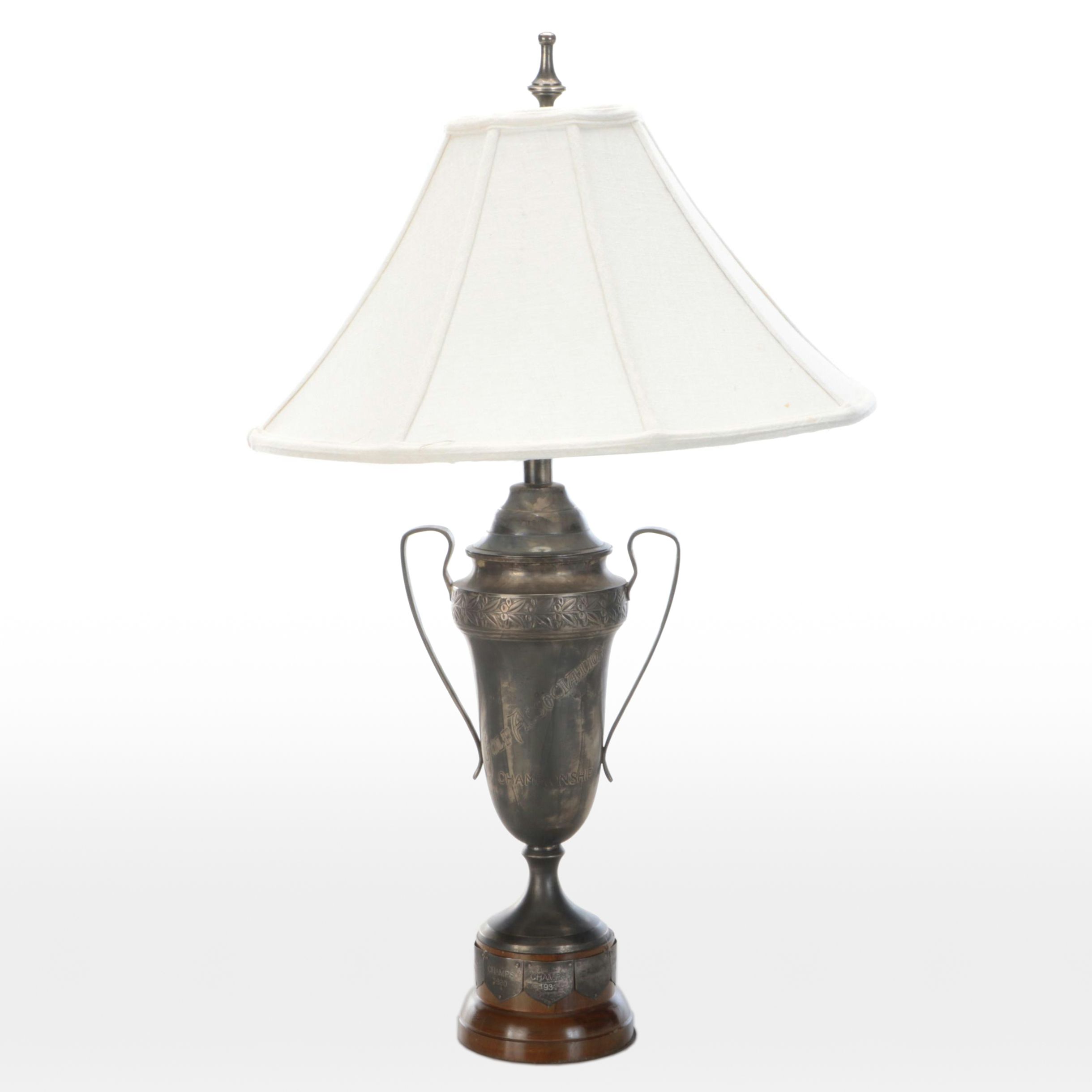 Currey & Co. Aesthetic Style Silver Plate Trophy Table Lamp & Linen Shade