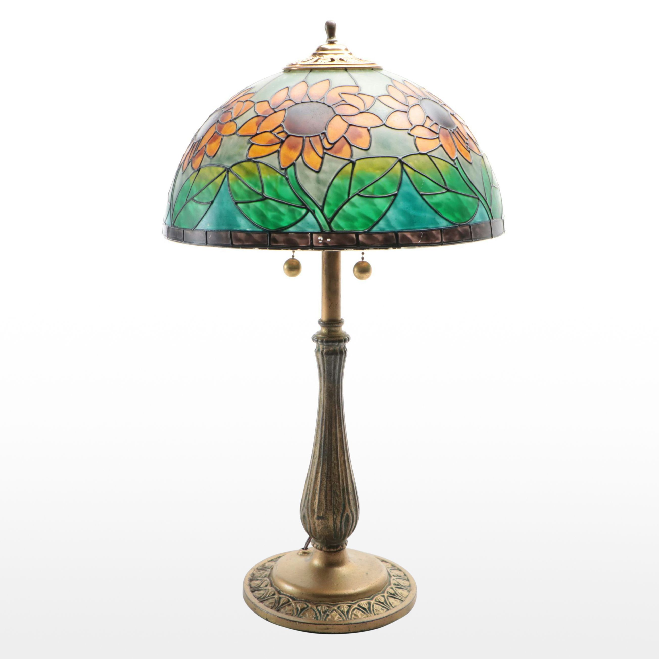 Hand-Painted Faux Stained Glass Shade with Gilt Metal Lamp Base