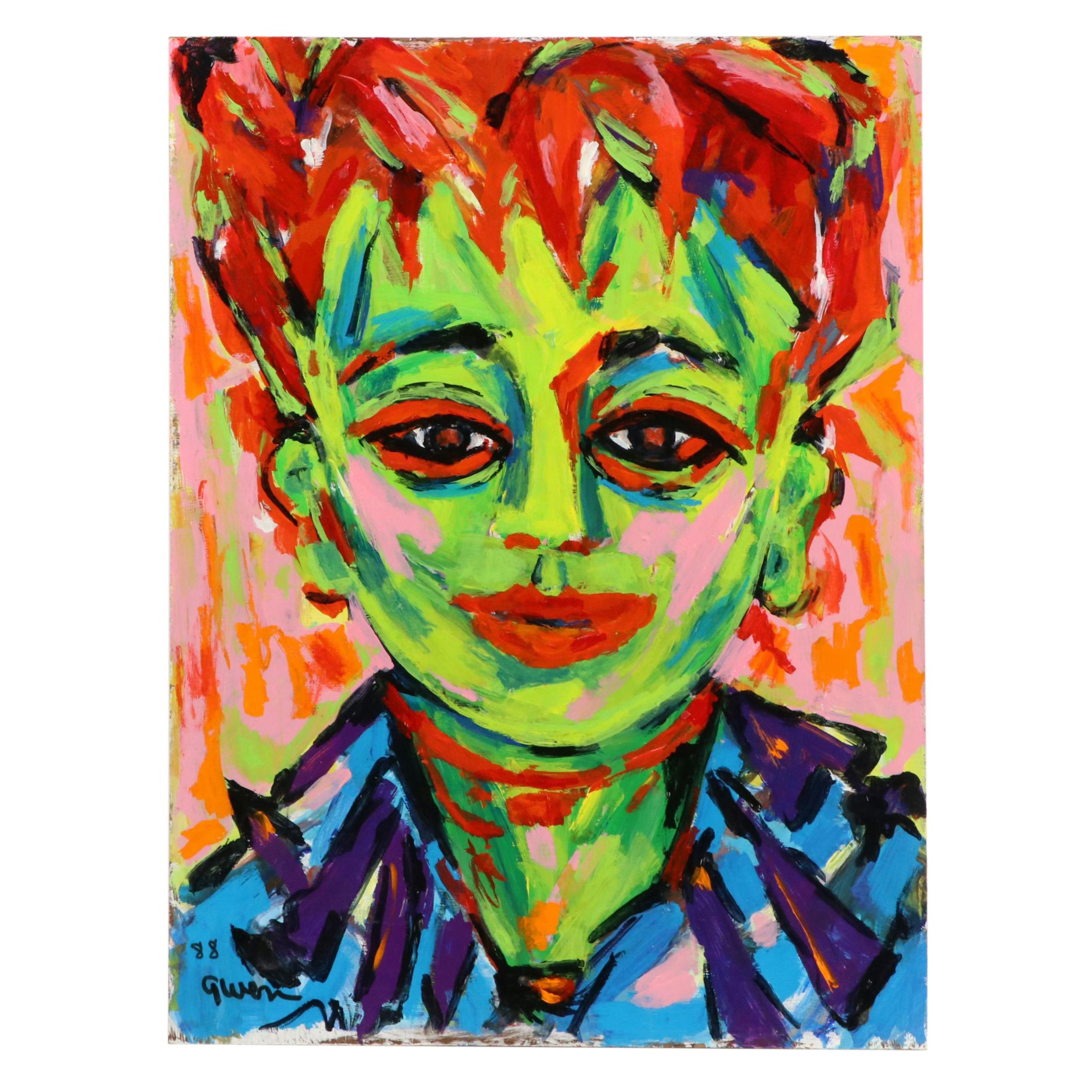 Gwen Doppler Abstract Acrylic Portrait Painting "Green Lady," 1998