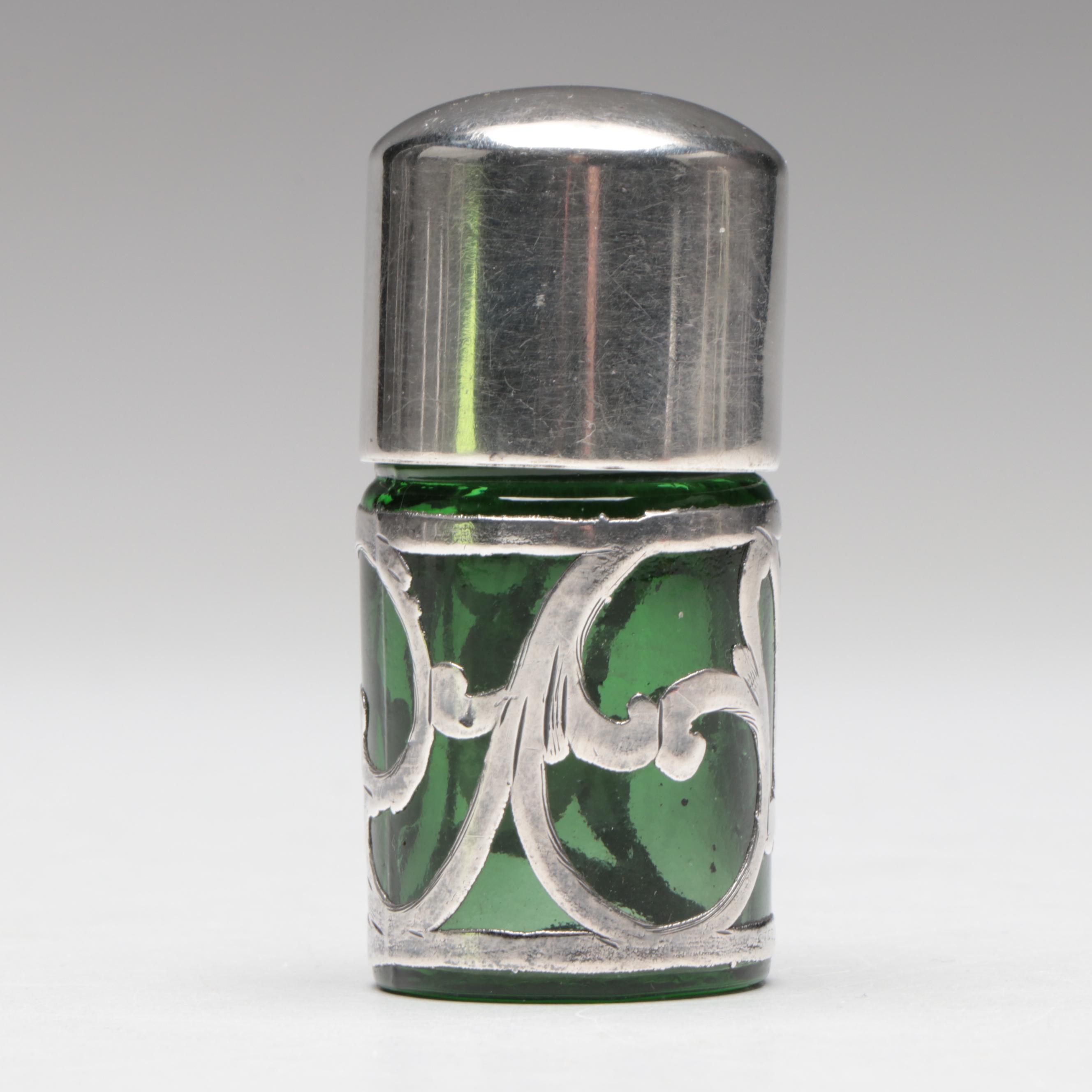 Victorian Style Sterling Silver Overlay Emerald Glass Perfume Bottle
