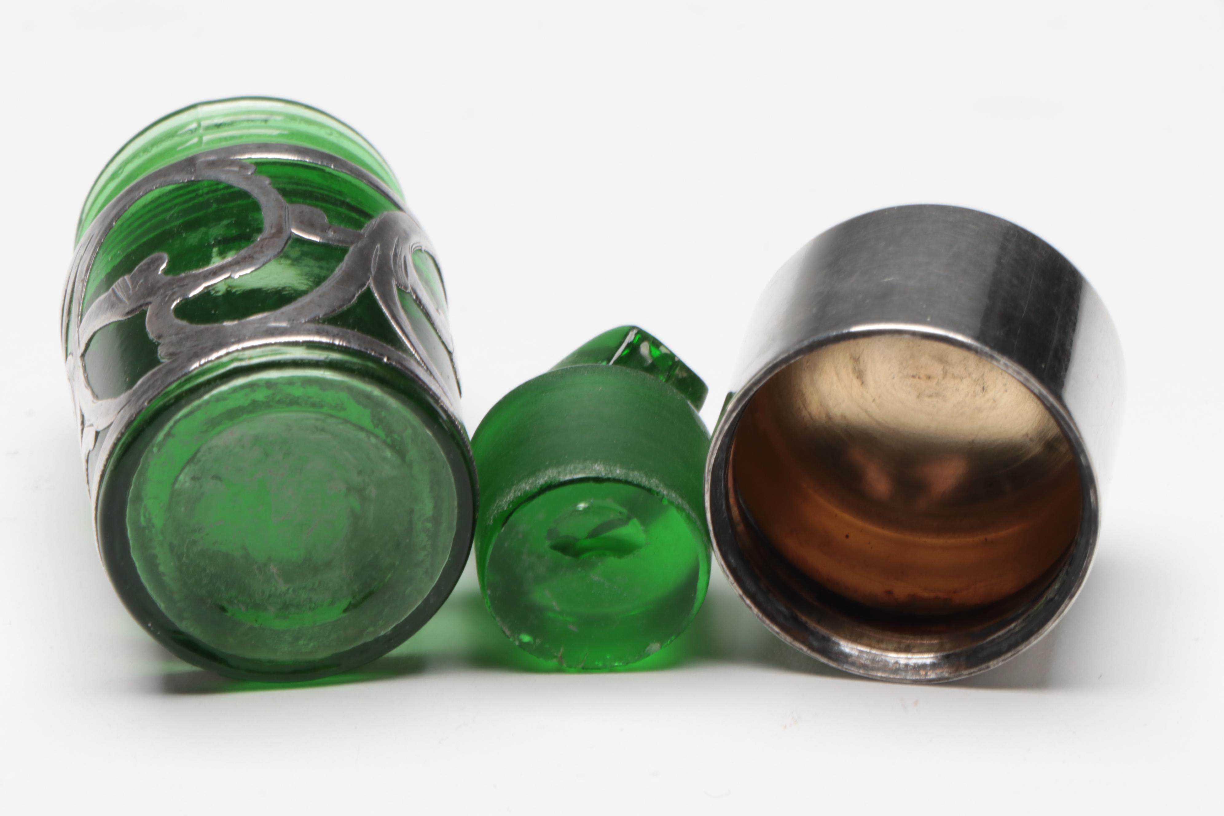 Victorian Style Sterling Silver Overlay Emerald Glass Perfume Bottle