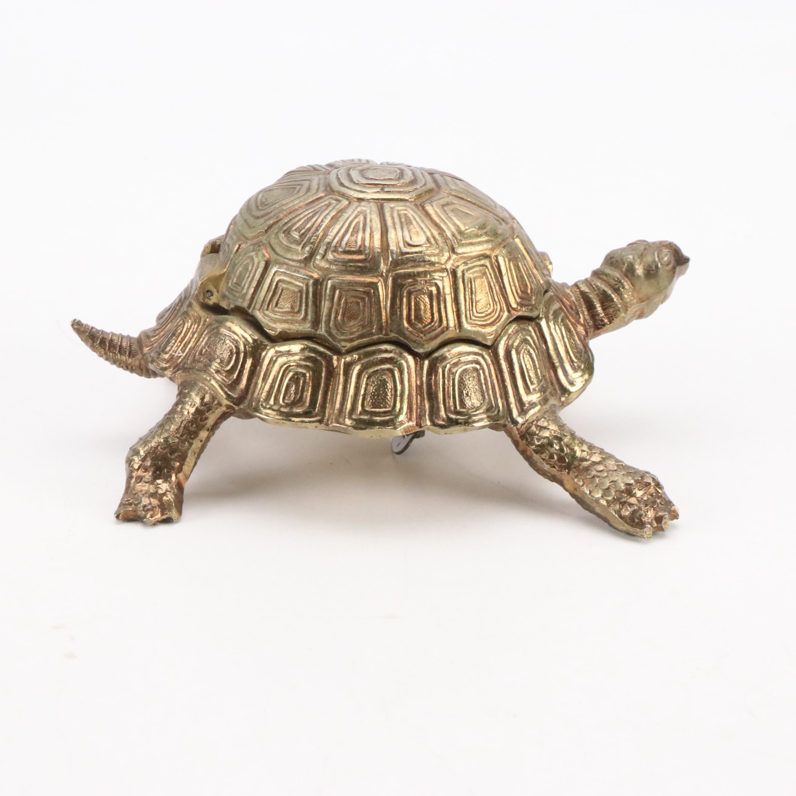 West German Brass Figural Turtle Desk Clock with Cast Metal Elephant Box