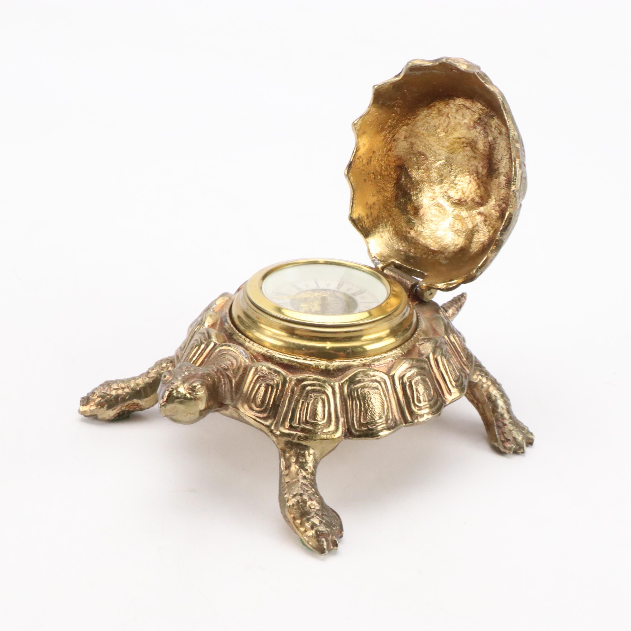 West German Brass Figural Turtle Desk Clock with Cast Metal Elephant Box