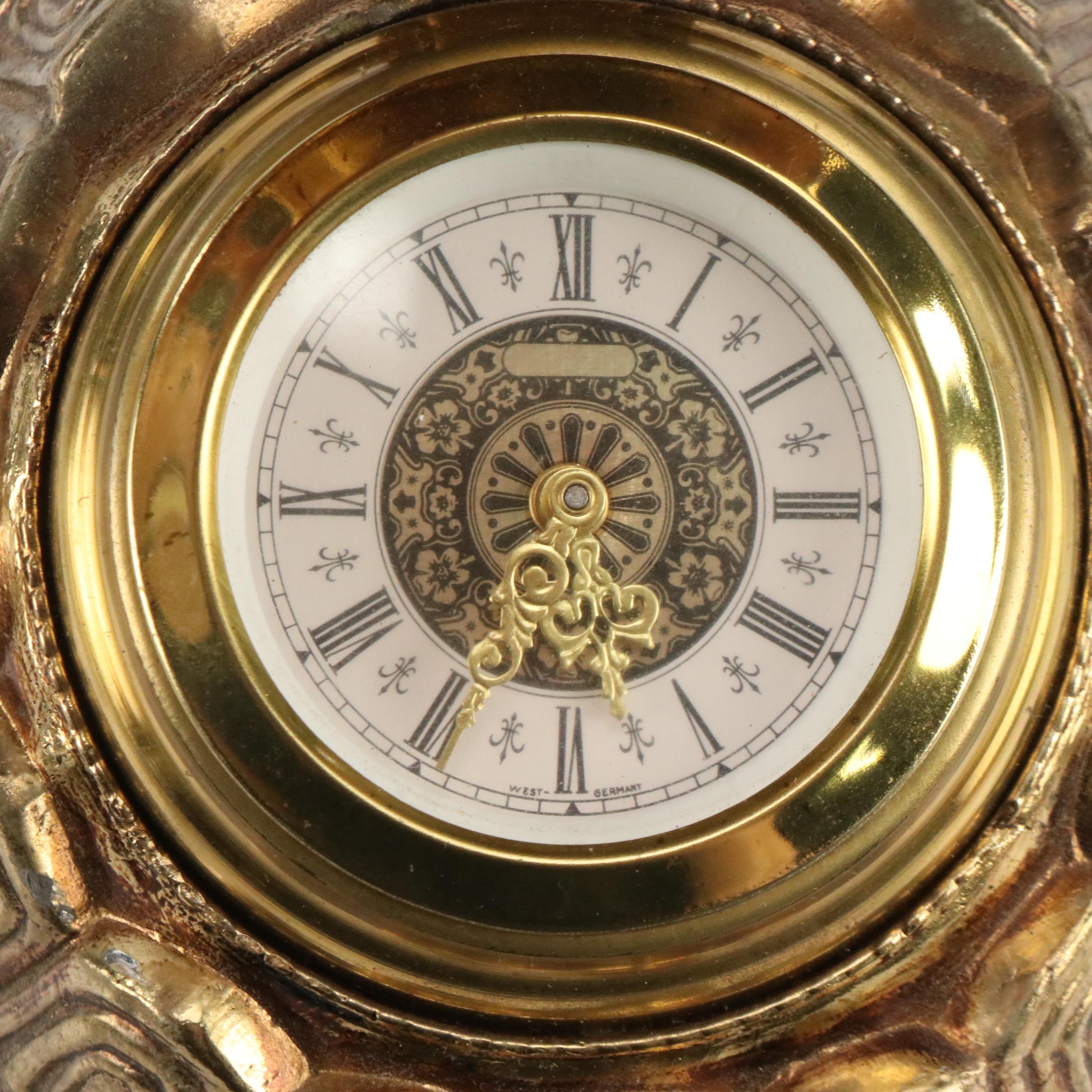 West German Brass Figural Turtle Desk Clock with Cast Metal Elephant Box