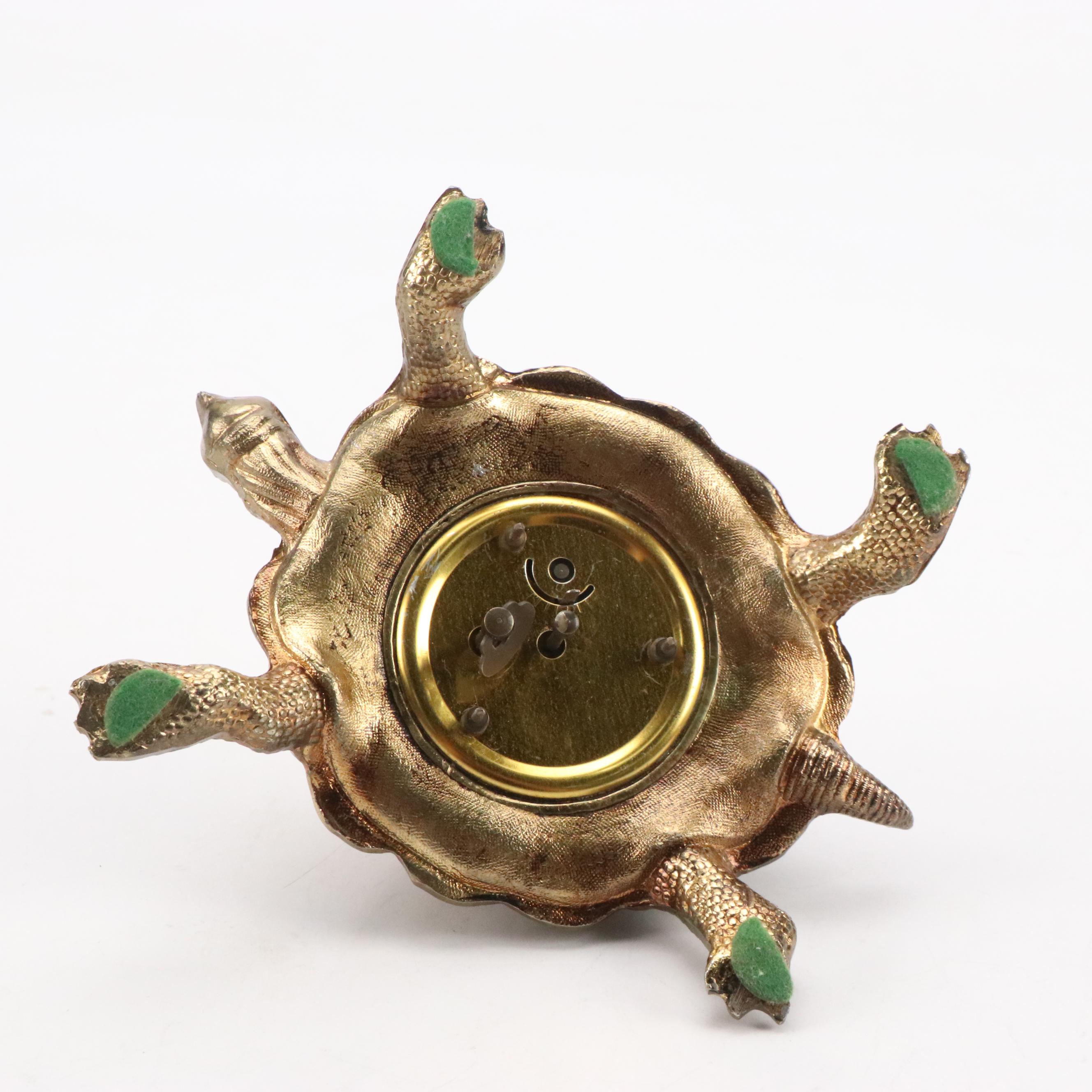 West German Brass Figural Turtle Desk Clock with Cast Metal Elephant Box