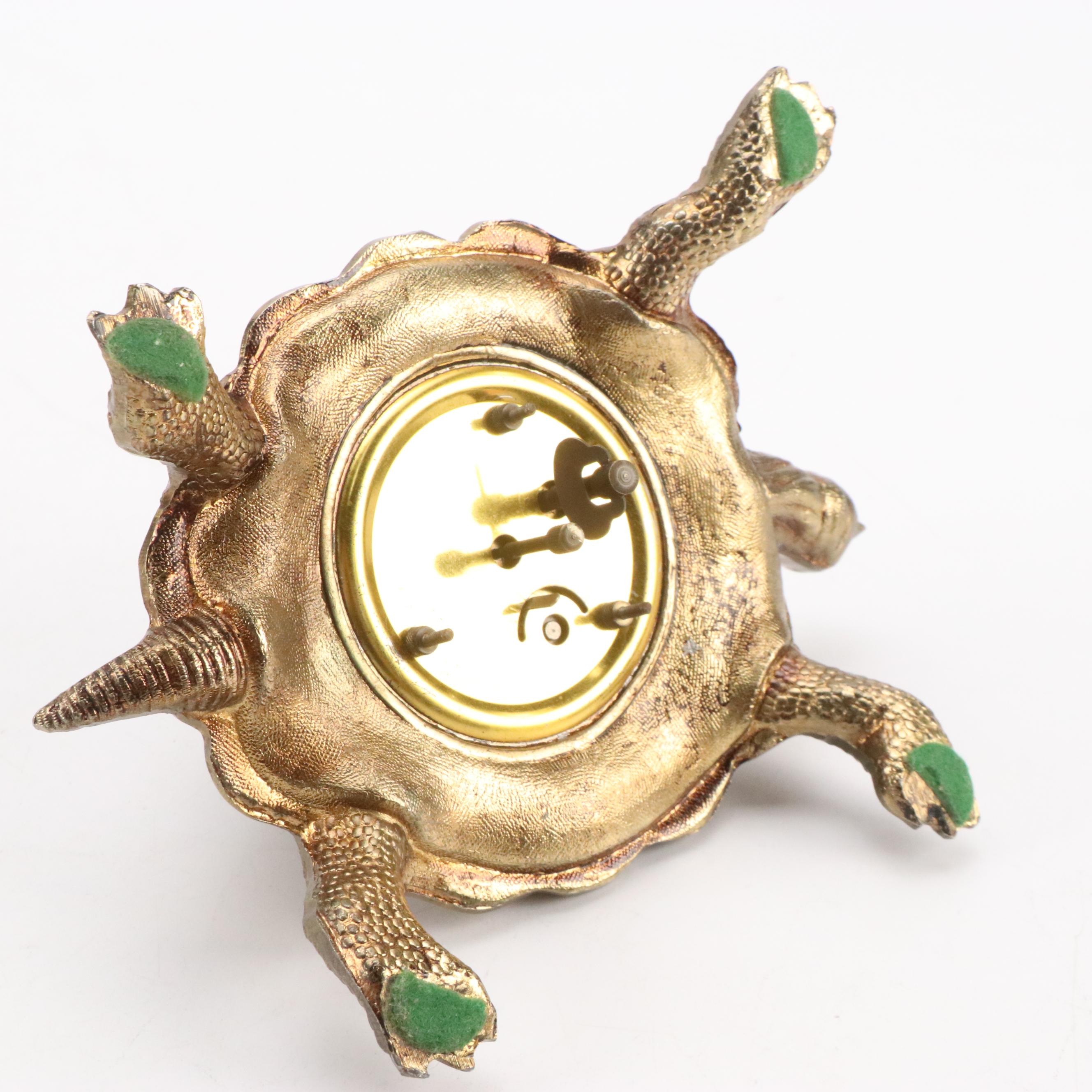 West German Brass Figural Turtle Desk Clock with Cast Metal Elephant Box