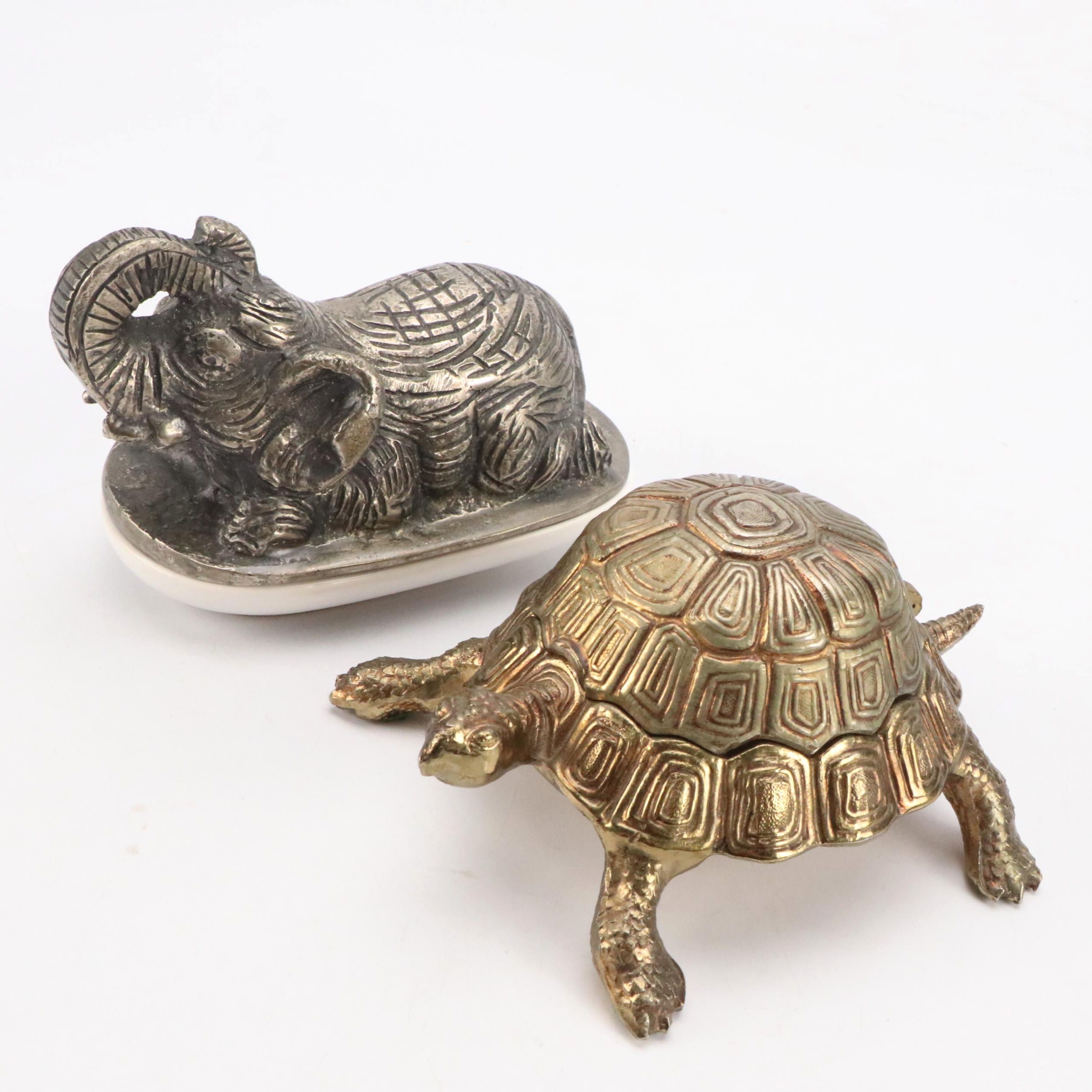 West German Brass Figural Turtle Desk Clock with Cast Metal Elephant Box