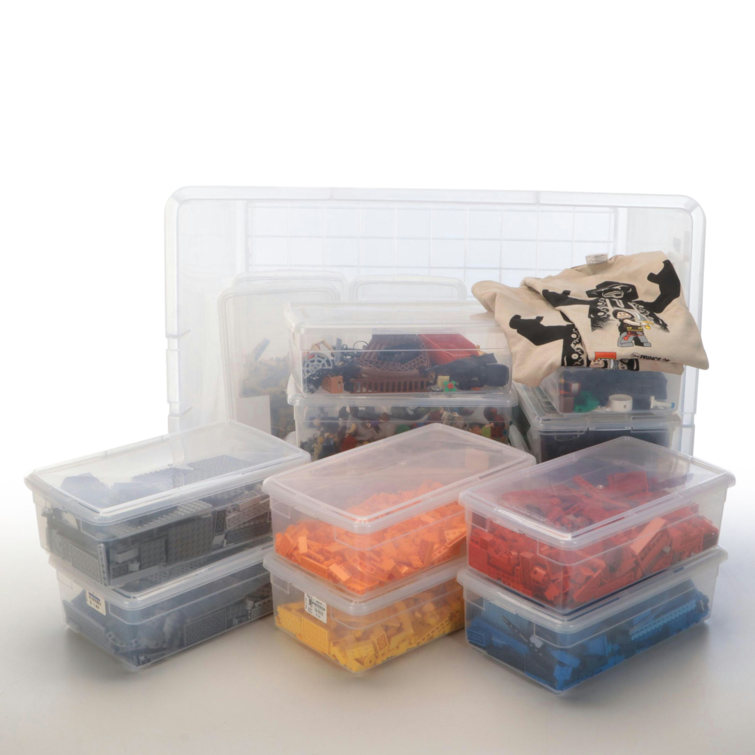 Solid Color LEGO Blocks in Storage Totes with Assorted LEGOs and T-Shirt
