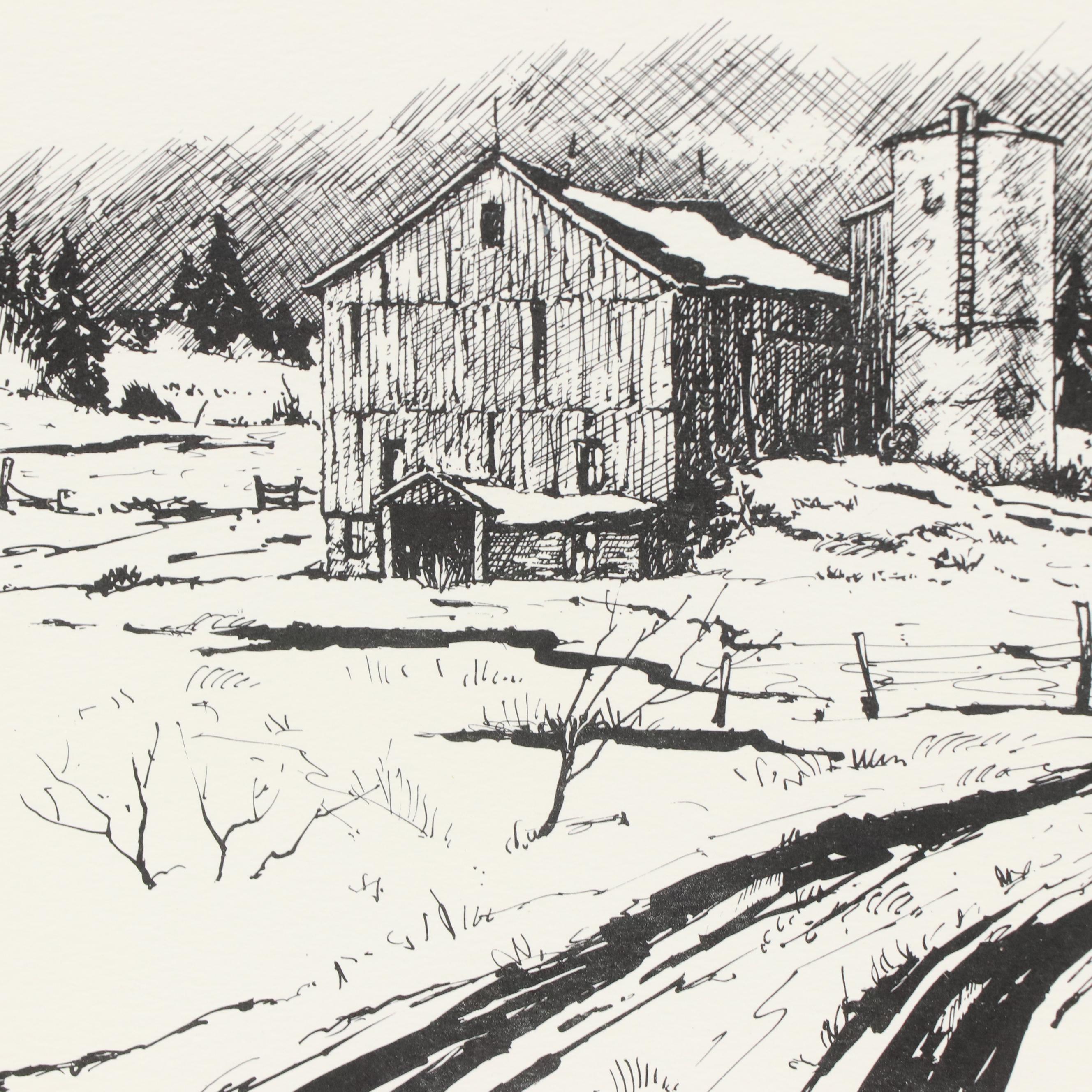 Winter Rural Landscape Ink Drawing