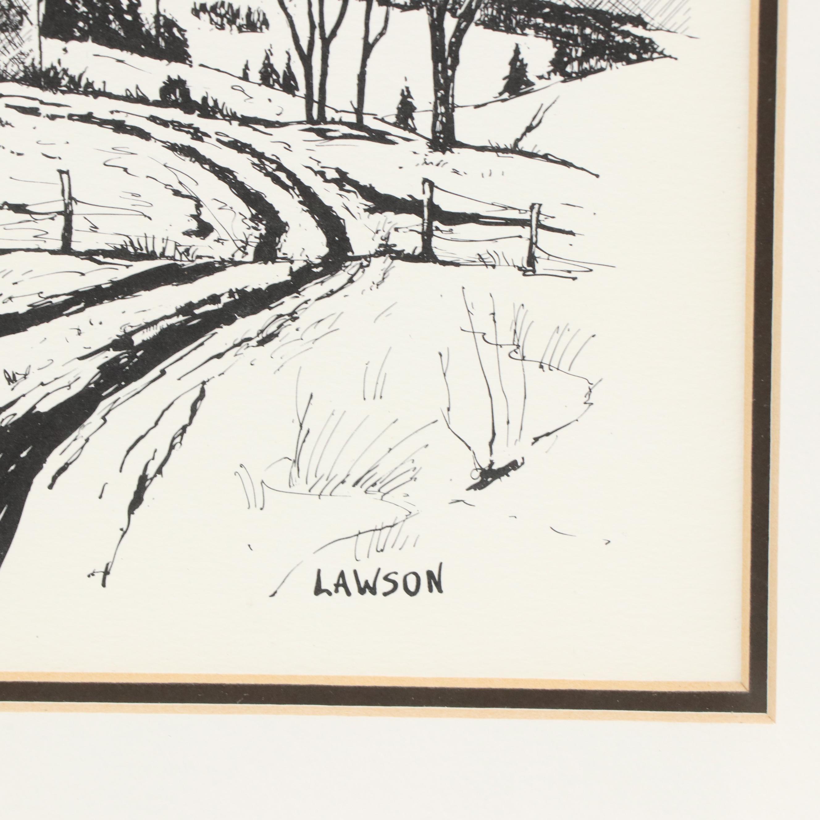 Winter Rural Landscape Ink Drawing