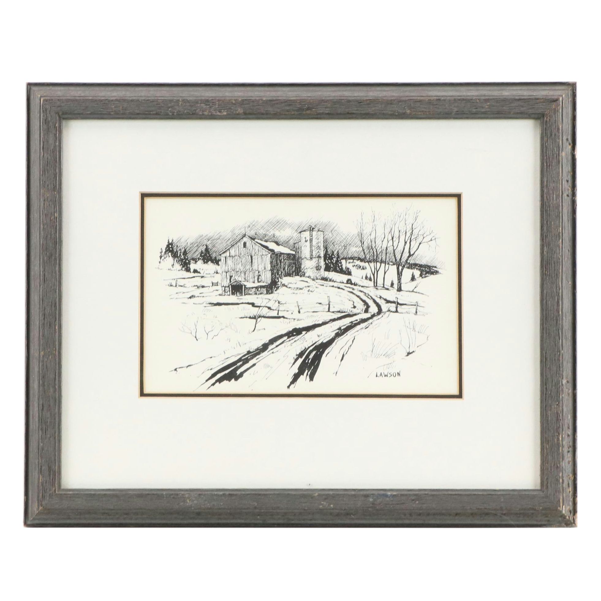 Winter Rural Landscape Ink Drawing