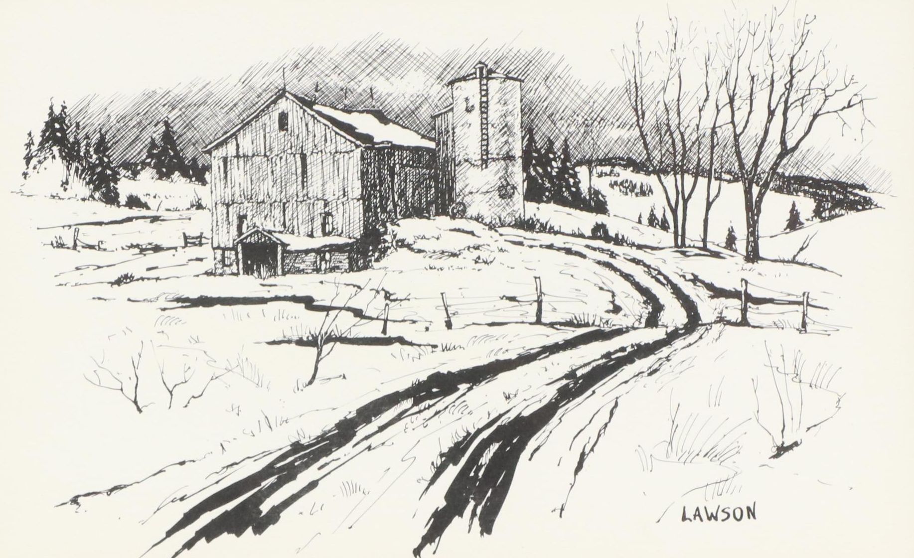 Winter Rural Landscape Ink Drawing