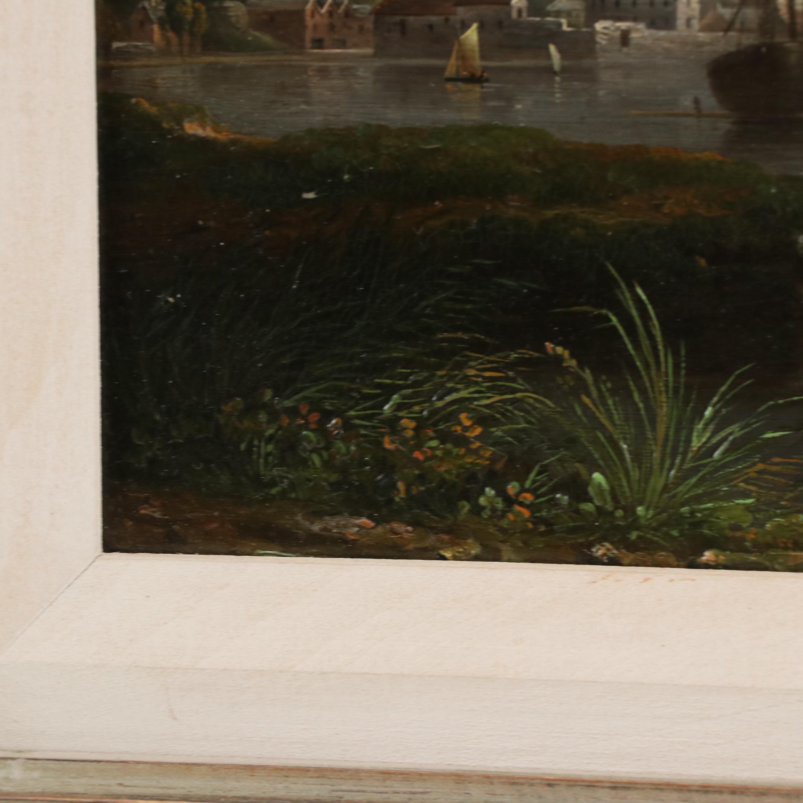 John Wallace Tucker Misty Riverside Cityscape Oil Painting, 19th