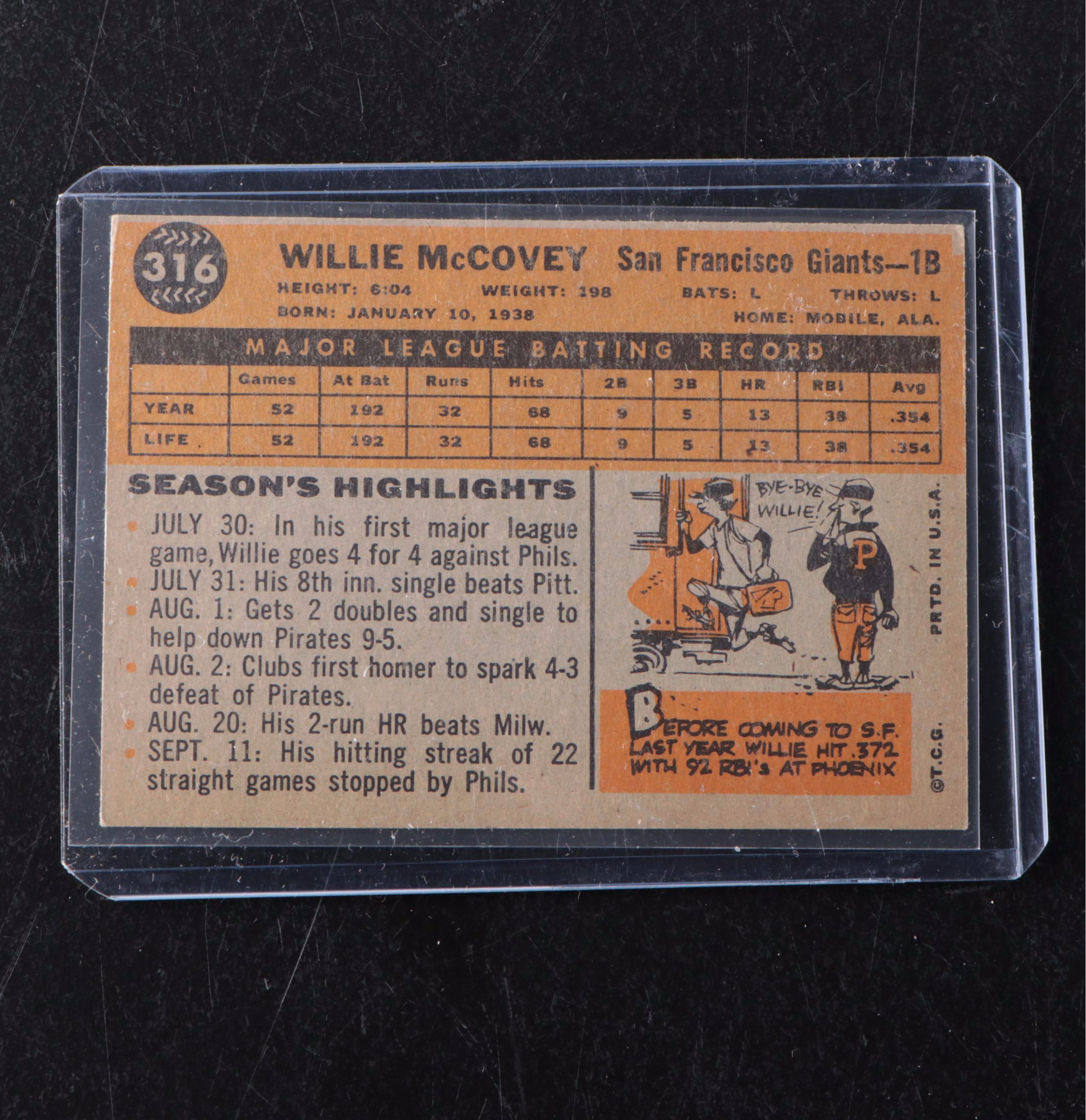1960 Topps Willie McCovey Rookie San Francisco Giants Baseball Card with More