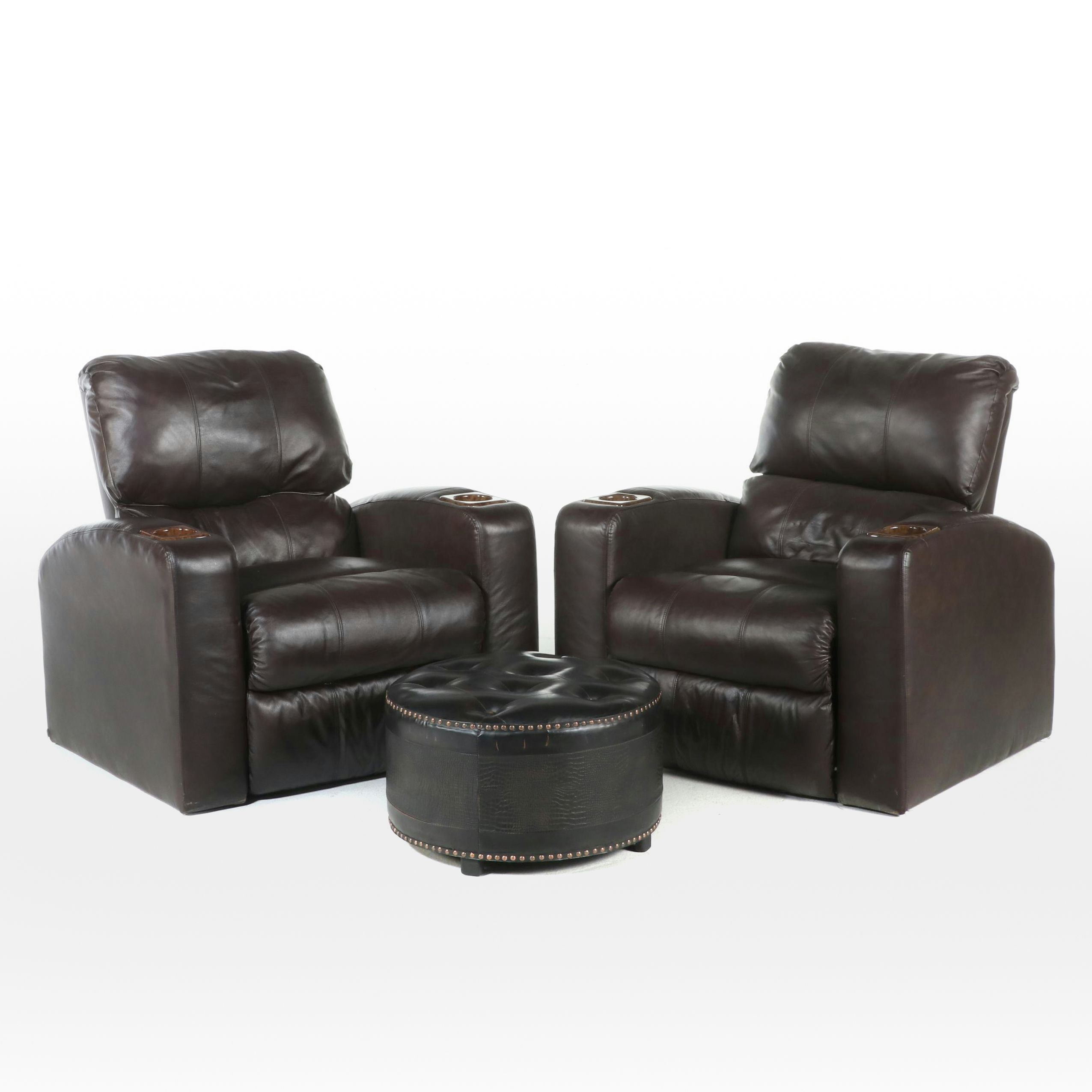Pair of Lane Furniture Leather Recliners with Other Tuffted Ottoman