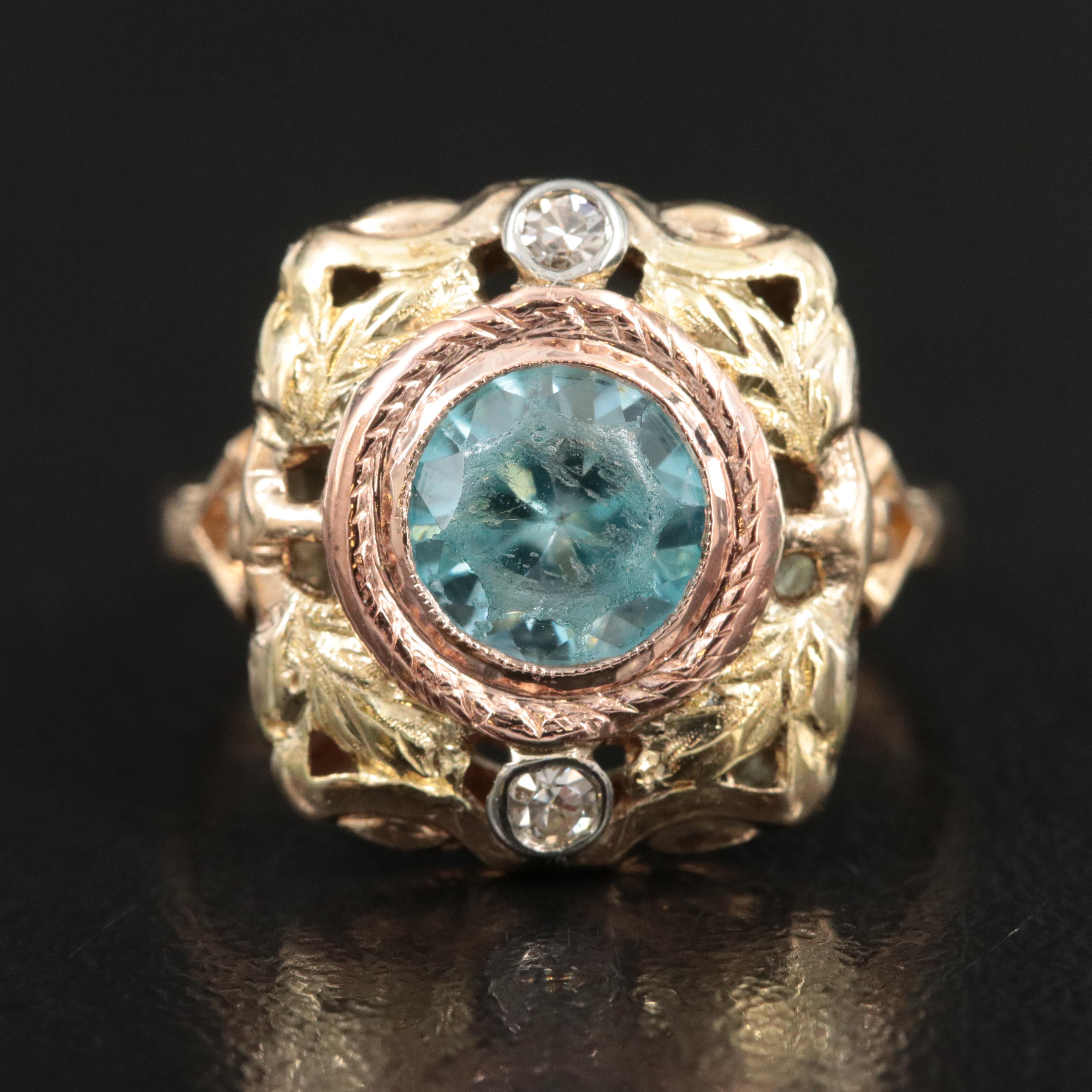Vintage 10K Tri-Color Blue Zircon and Diamond Ring