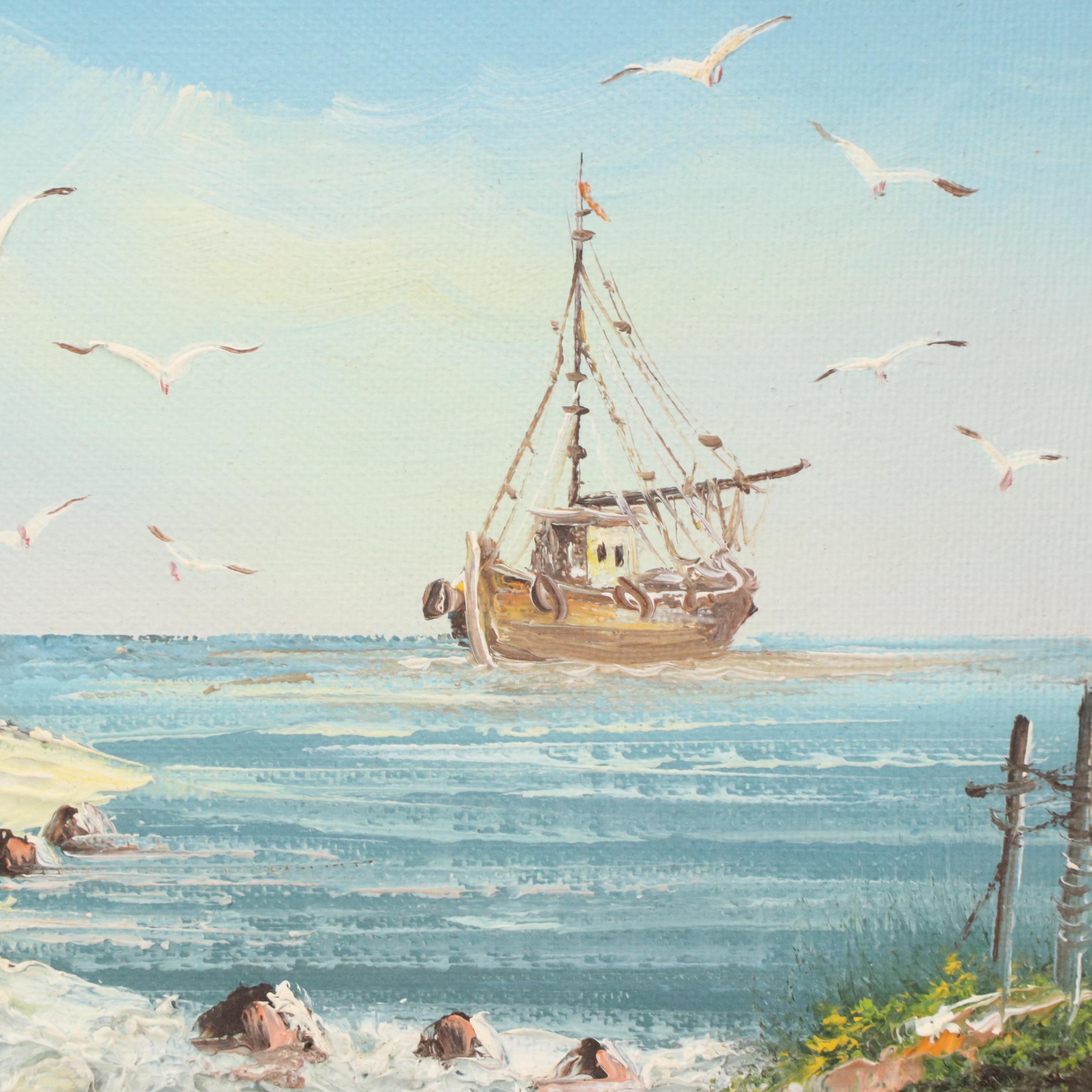 Brian Roche Oil Painting of Harbor Scene, 20th Century