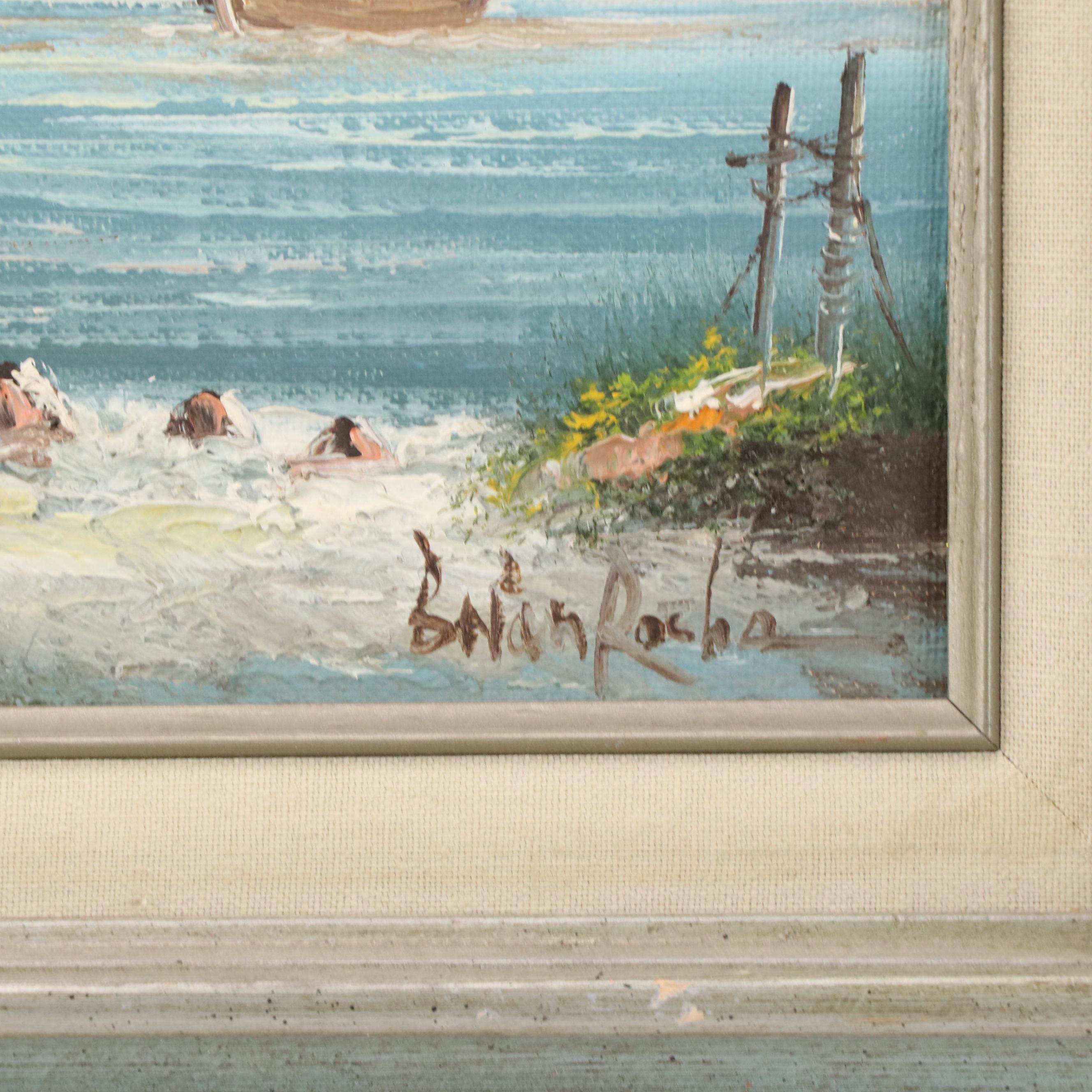 Brian Roche Oil Painting of Harbor Scene, 20th Century