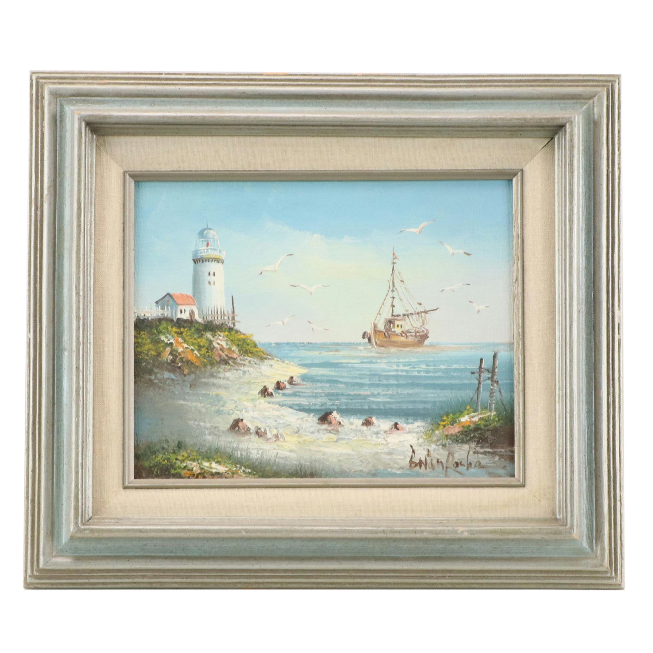 Brian Roche Oil Painting of Harbor Scene, 20th Century