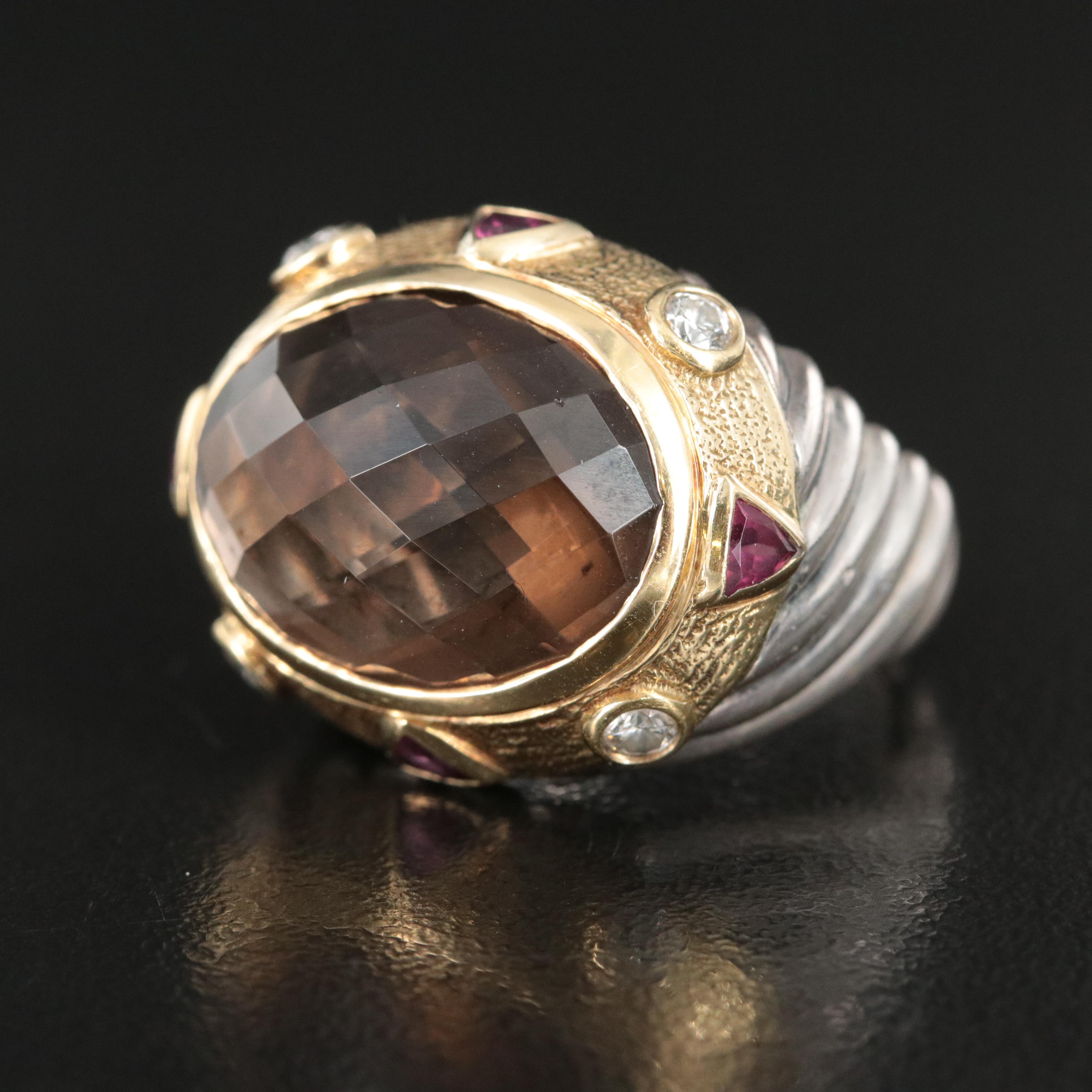 David Yurman Leonardo Sterling, 18K Smoky Quartz Ring with Diamonds