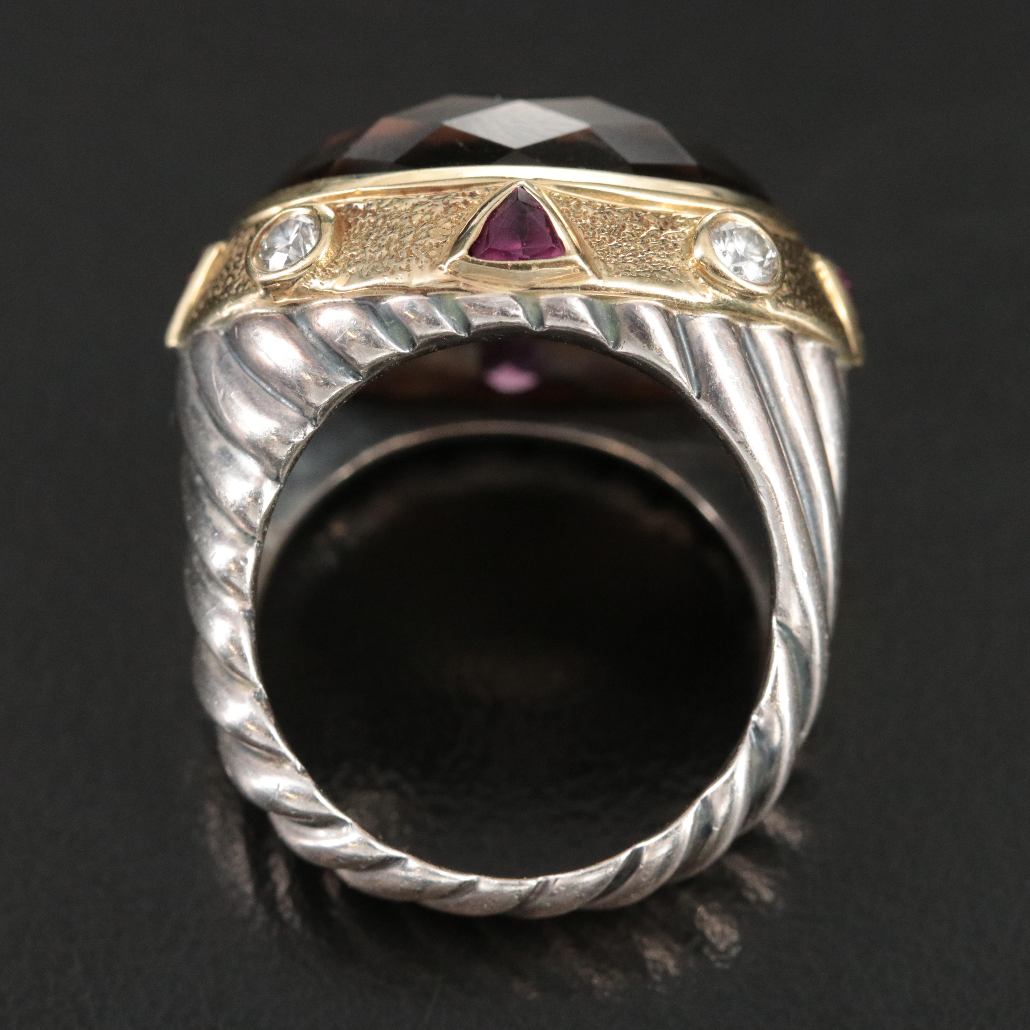 David Yurman Leonardo Sterling, 18K Smoky Quartz Ring with Diamonds