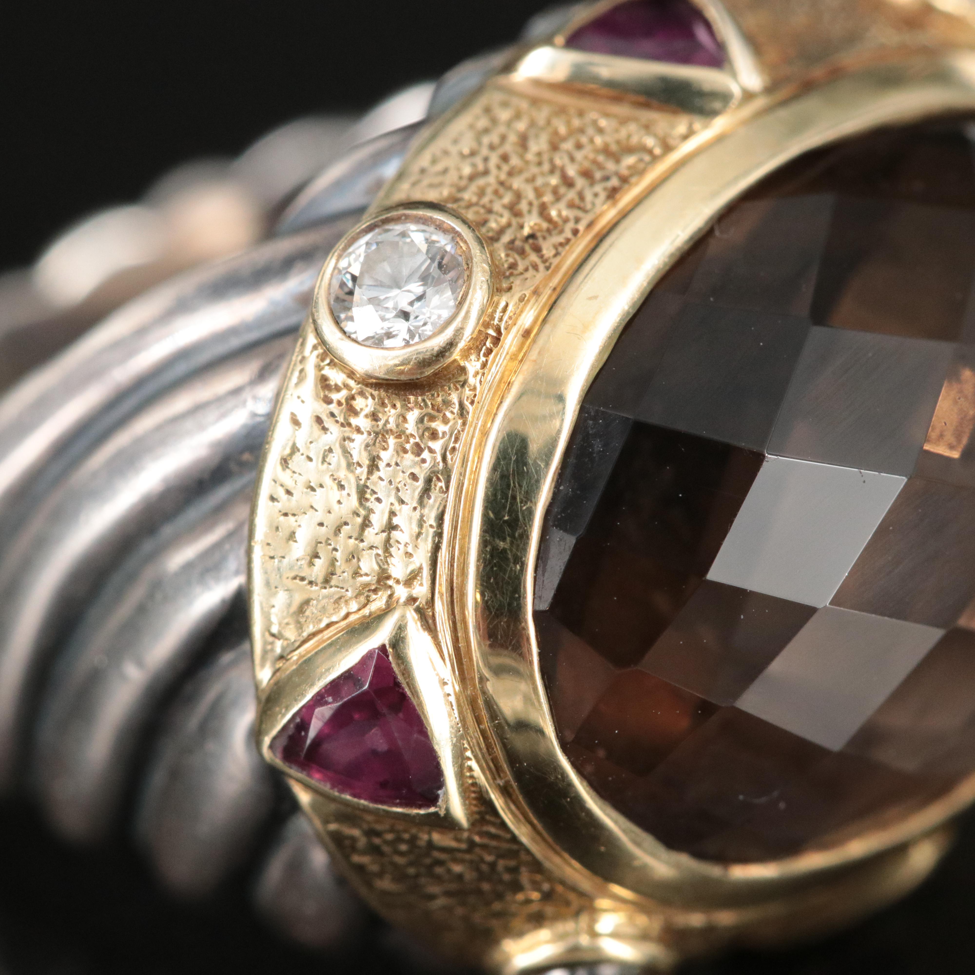 David Yurman Leonardo Sterling, 18K Smoky Quartz Ring with Diamonds