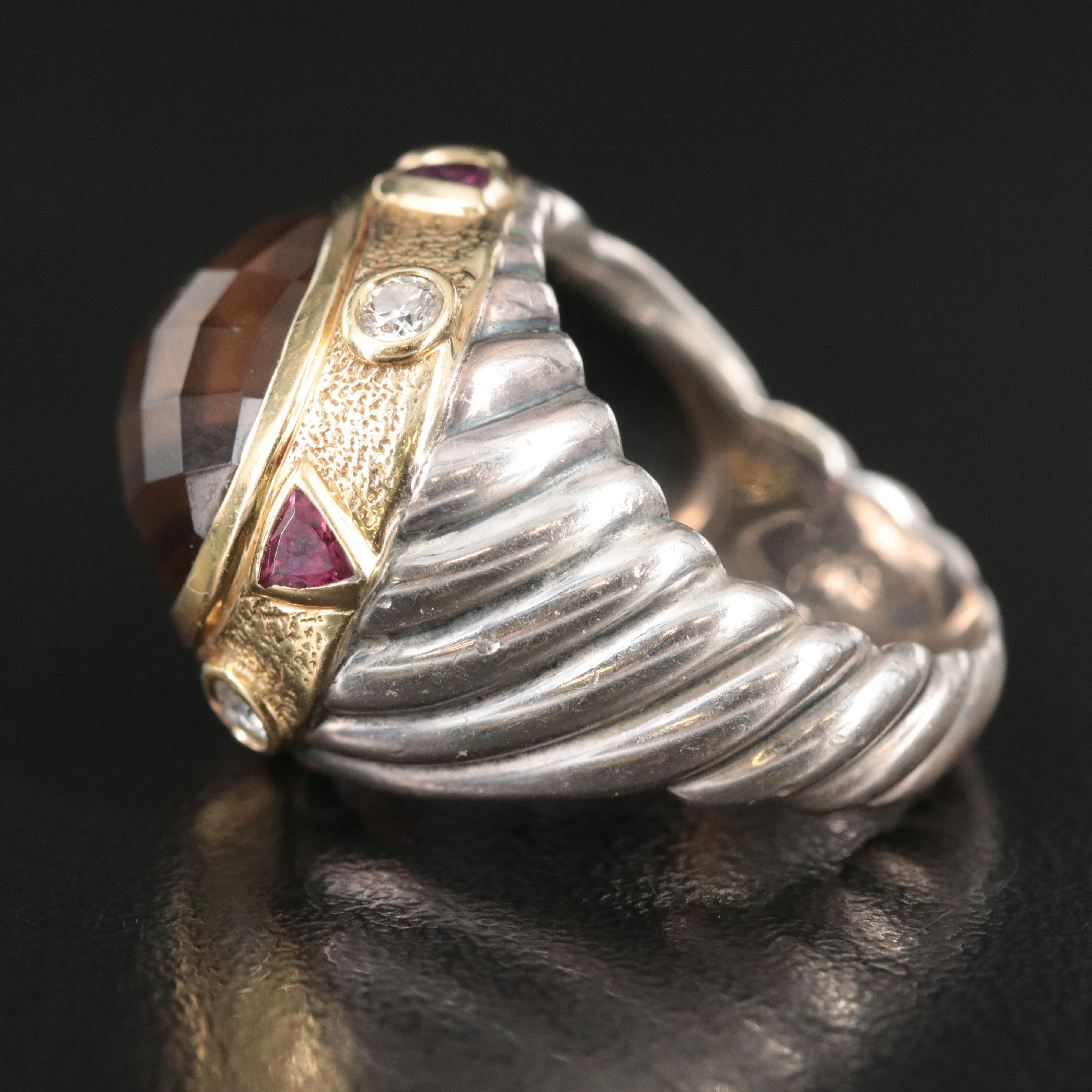 David Yurman Leonardo Sterling, 18K Smoky Quartz Ring with Diamonds