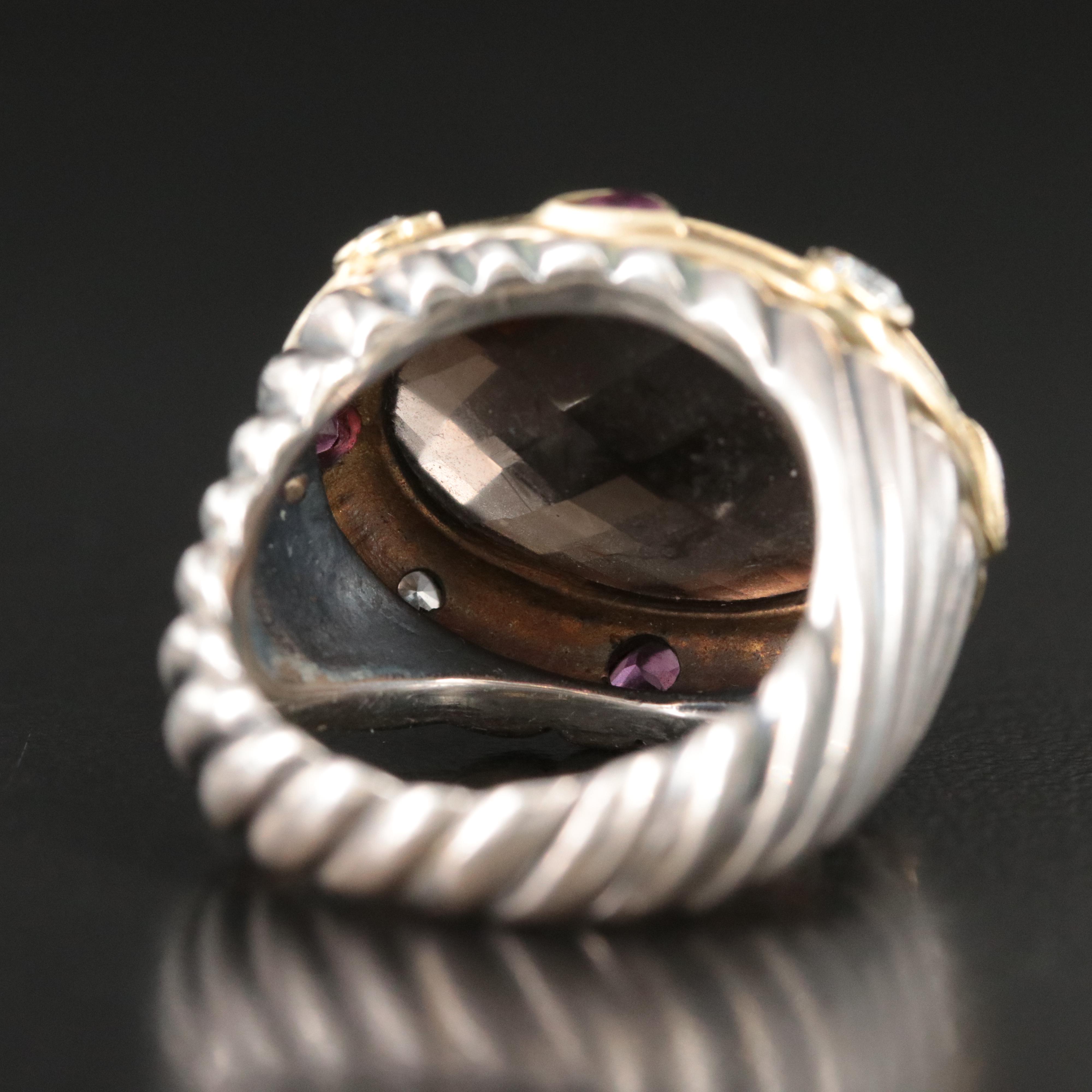 David Yurman Leonardo Sterling, 18K Smoky Quartz Ring with Diamonds