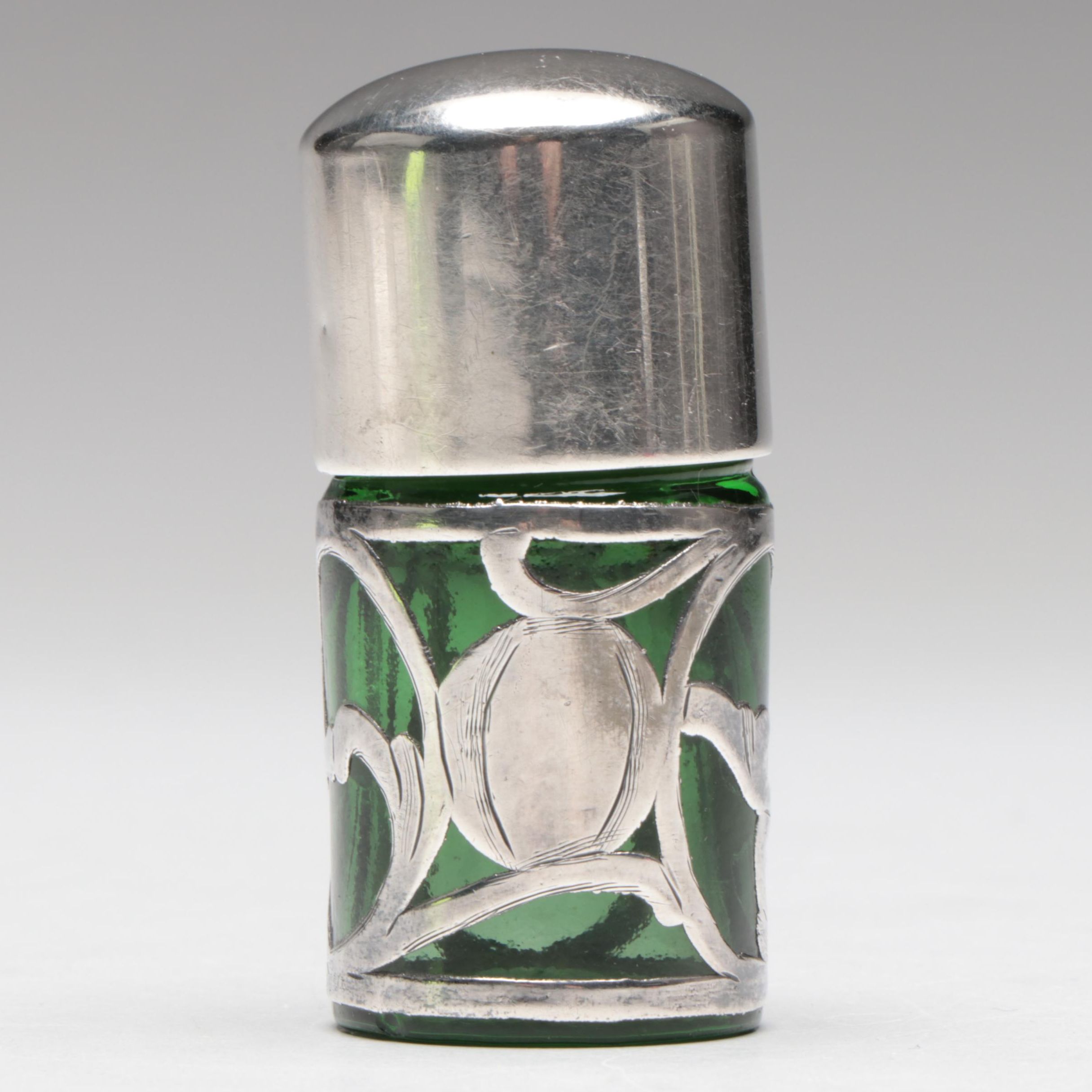 Victorian Style Sterling Silver Overlay Emerald Glass Perfume Bottle