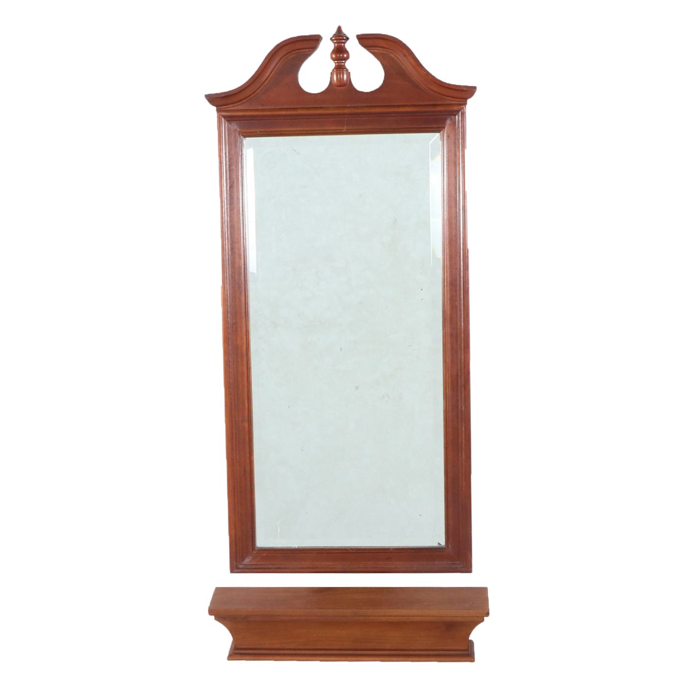 Chippendale Style Broken Bonnet Cherry Finish Mirror and Wall Shelf