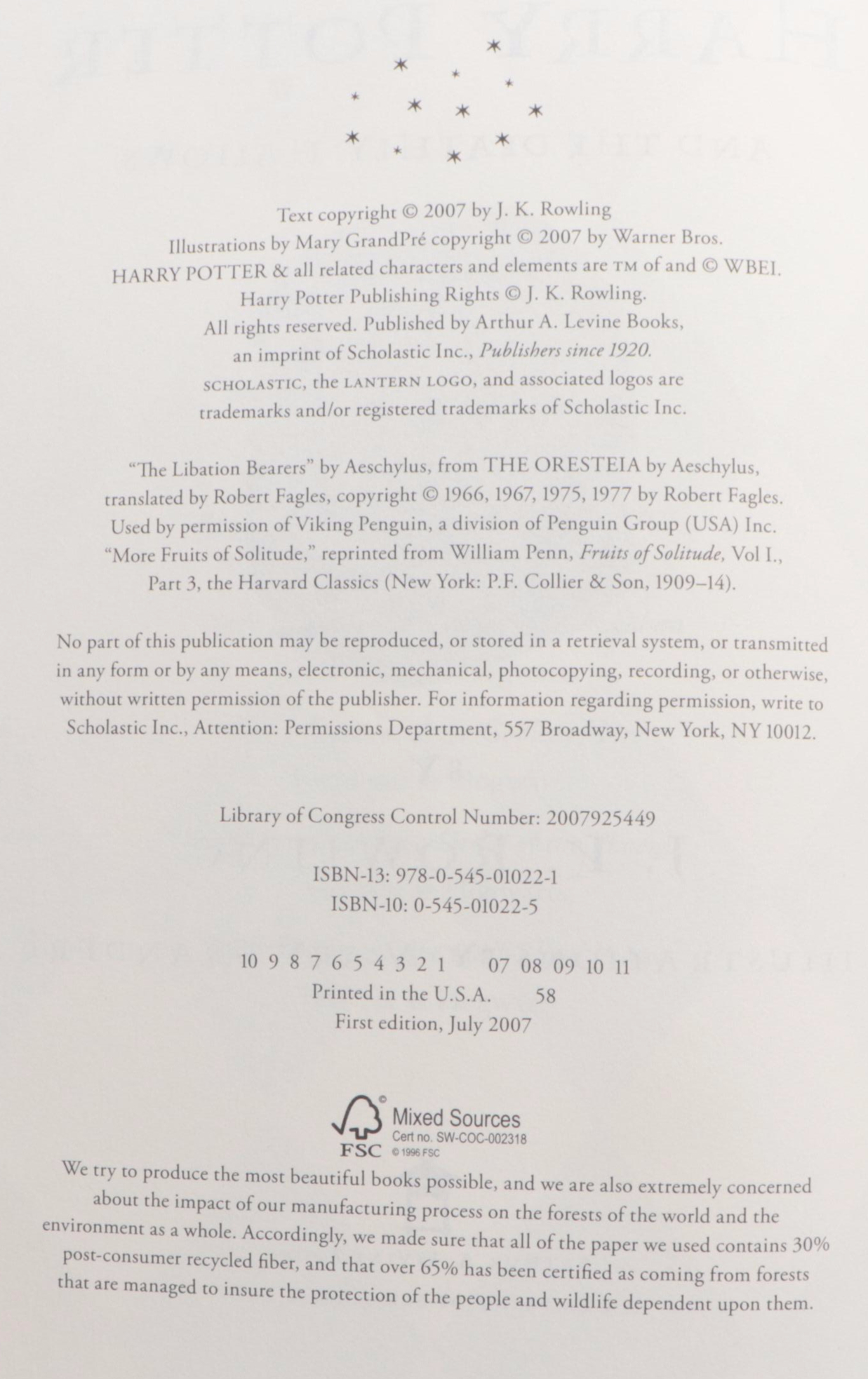 First American Edition "Harry Potter" Complete Series with "The Cursed Child"